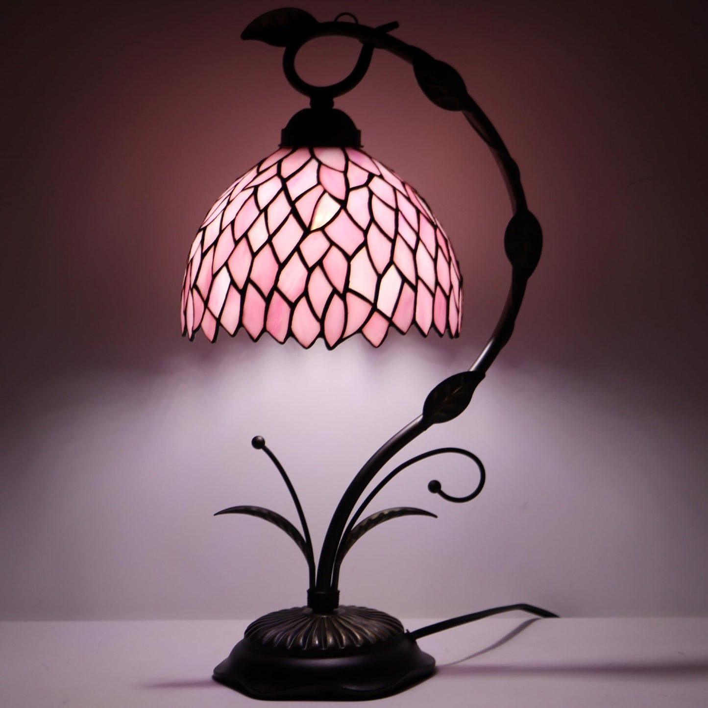 LXHCYOU Tiffany Table Lamp, Stained Glass Desk Reading Light, 8X10X19 Inches, Metal Leaf Base (Pink Wisteria)