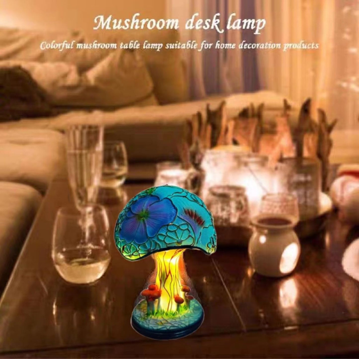 Wioilyoy Creative Glass Resin Mushroom Table Lamp, 5.9 Inch Stained Glass Mini Night Light, Bohemian Decoration for Bedroom, Living Room, Home Office - Gifts