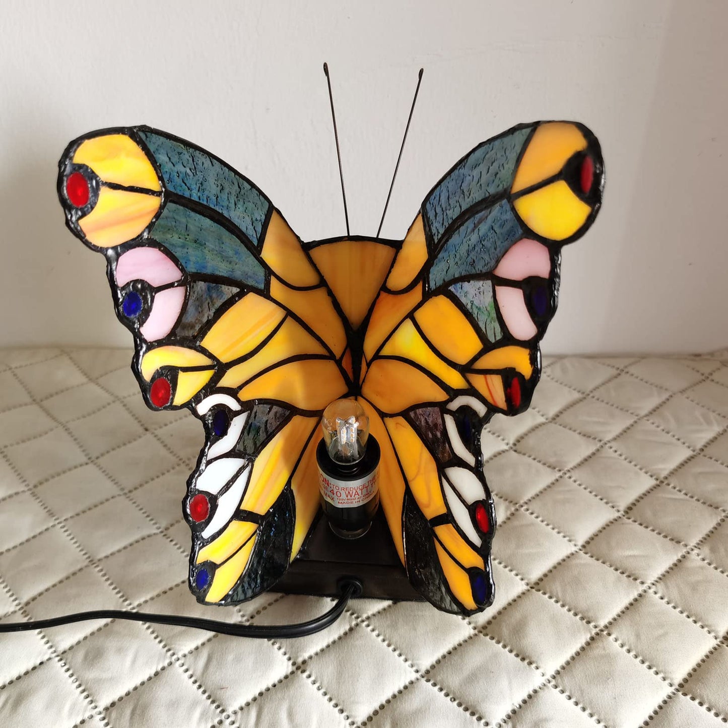 FUMAT Bedside Table Lamp LED Tiffany Table Lamps Yellow Butterfly Stained Glass Shade ON Off Switch Night Light Side Table lamp for Living Room Bedroom Farmhouse Mothers Day Gifts