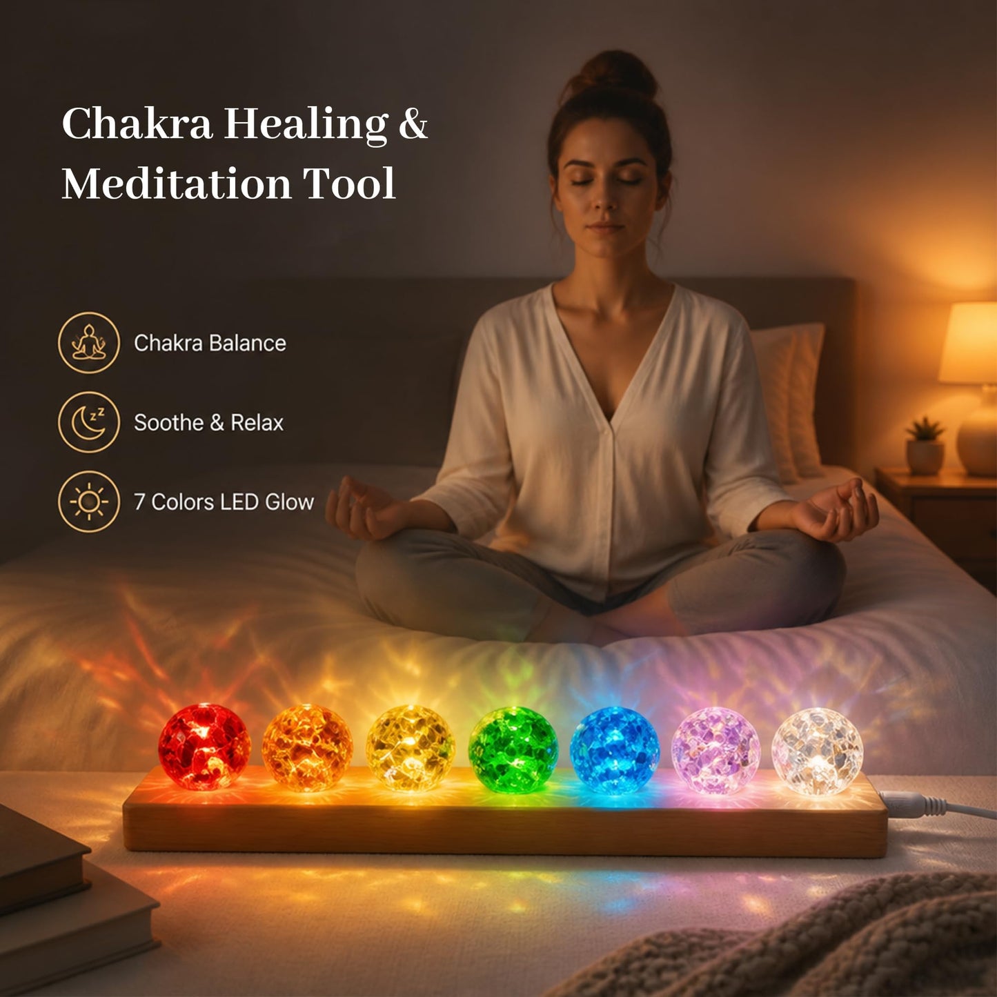 YU FENG 7 Chakra Crystal Ball Set with LED Wooden Stand, 40mm Rainbow Ice Crack Healing Spheres, Crystal Quartz Stones for Meditation, Positive Energy, Night Light and Home Decor