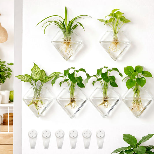 Yungyan 6 Pack Wall Mounted Glass Planter Borosilicate Glass Diamond Hanging Vase with Hidden Invisible Hook Hydroponic Plant Propagation Station Clear Wall Planter for Home Bathroom Office Decor