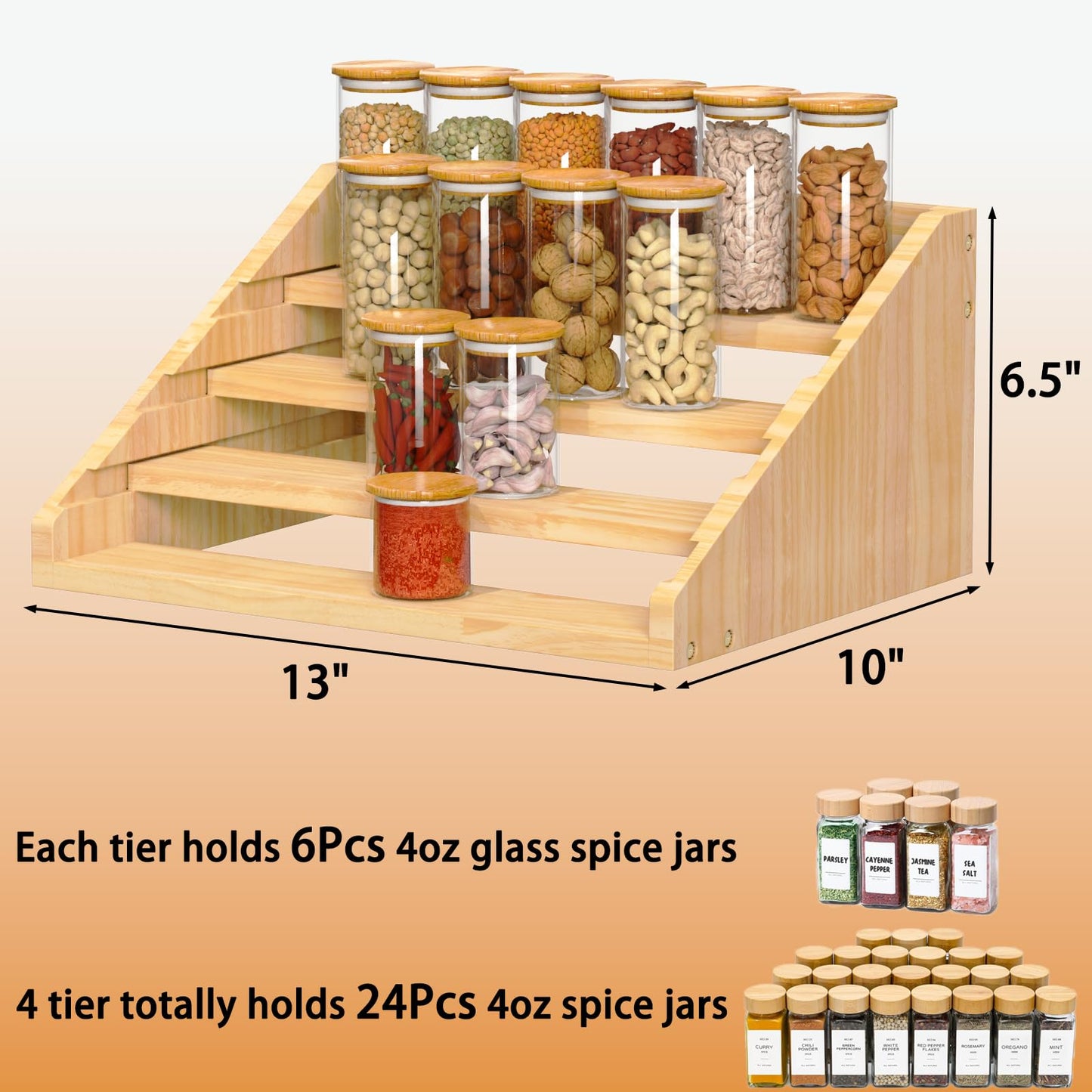 Solid Wood Spice Rack Organizer for Countertop & Cabinet, 4 Tier Adjustable Wooden Spice Shelf with Sliding Track, Premium Step Seasoning Bottle Holder for Kitchen, Pantry, Office, Natural Wood Color