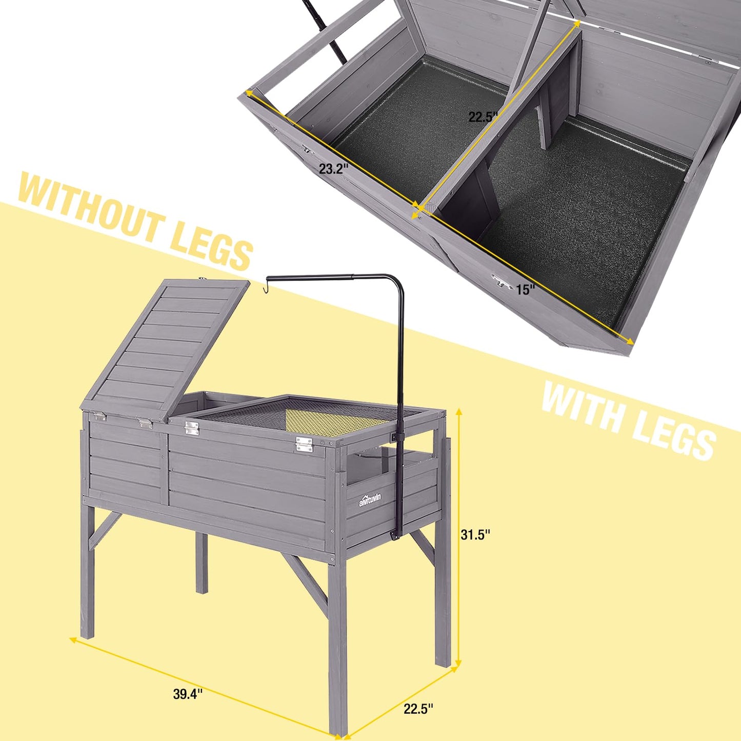 Aivituvin Tortoise Habitat, Wooden Tortoise House with Detachable Legs, Turtle Cage Reptile Terrarium with Lamp Holder