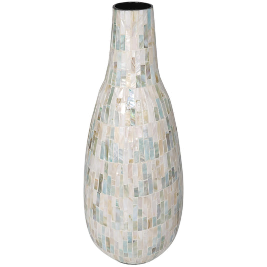 Deco 79 Mother of Pearl Shell Handmade Decorative Vase Mosaic Inspired Centerpiece Vase with Pastel Blue and Pink Accents, Flower Vase for Home Decoration 8" x 9" x 21", White