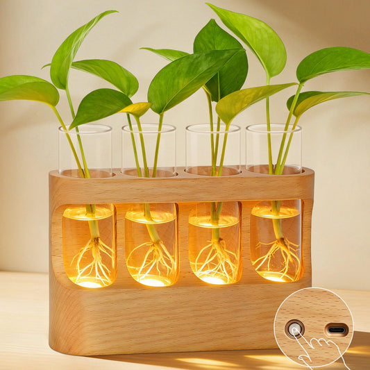 OUTON Rechargeable Plant Propagation Station with LED Light, Wooden Propagation Vase Set with Glass Tubes, Lighted Plant Terrarium for Indoor Plant Cuttings, Gift for Plant Lovers