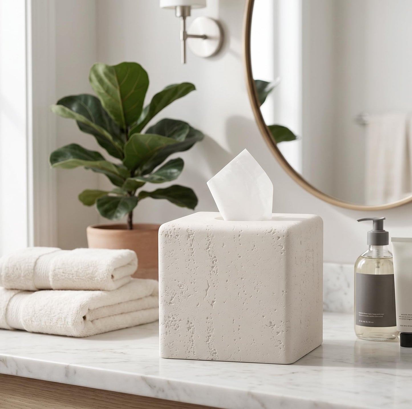 Haocoott Tissue Box Cover Square, Resin Facial Tissue Holder Covers Toilet Paper Holder Decorative Travertine Paper Dispenser Home Decor for Bathroom Bedroom Living Room Office (Off White)