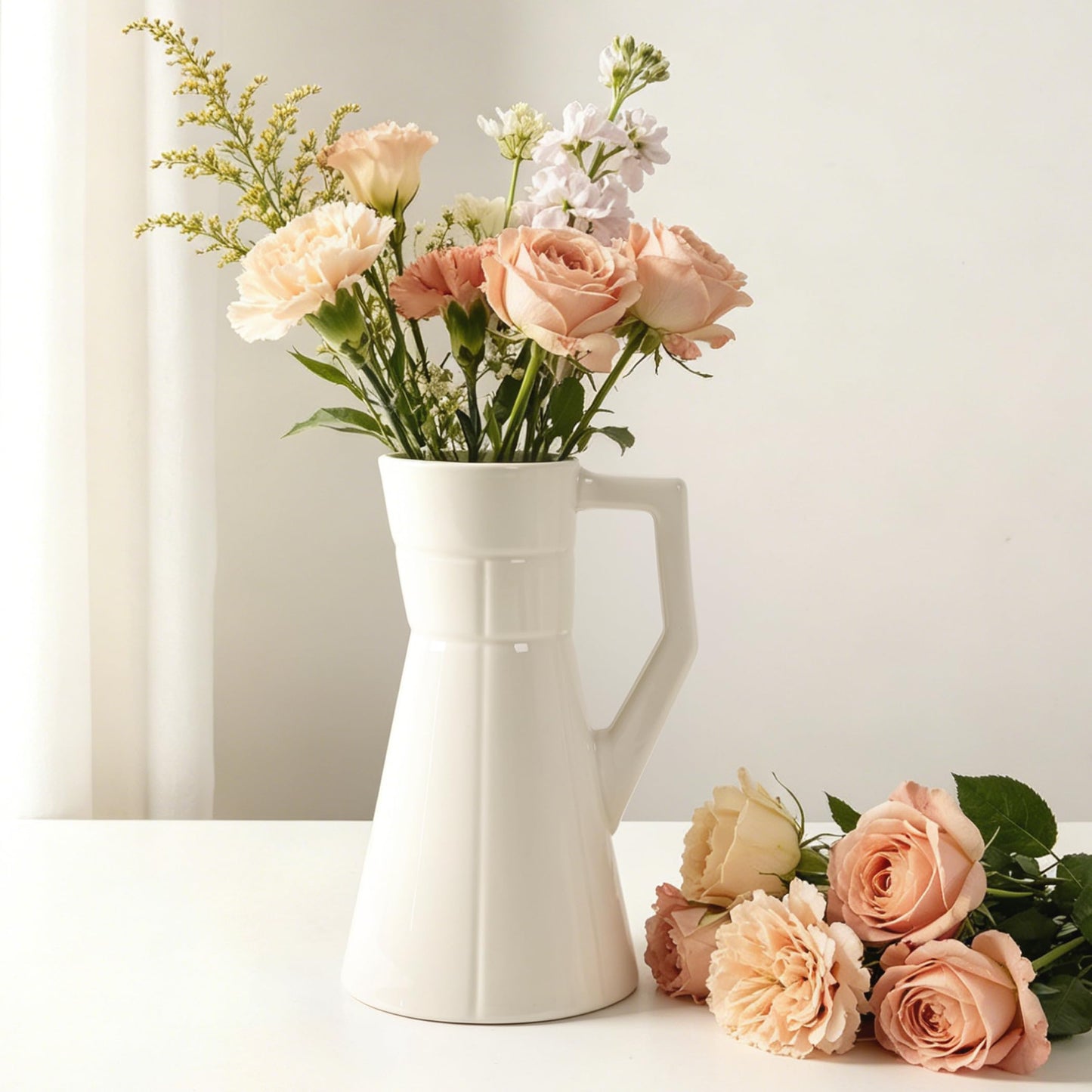 BosilunLife White Ceramic Vase with Handle, 7.87 Inch Tall Decorative Flower Vase for Bouquets, Glazed Farmhouse Vase for Living Room, Dining Table, Entryway and Shelf Decor