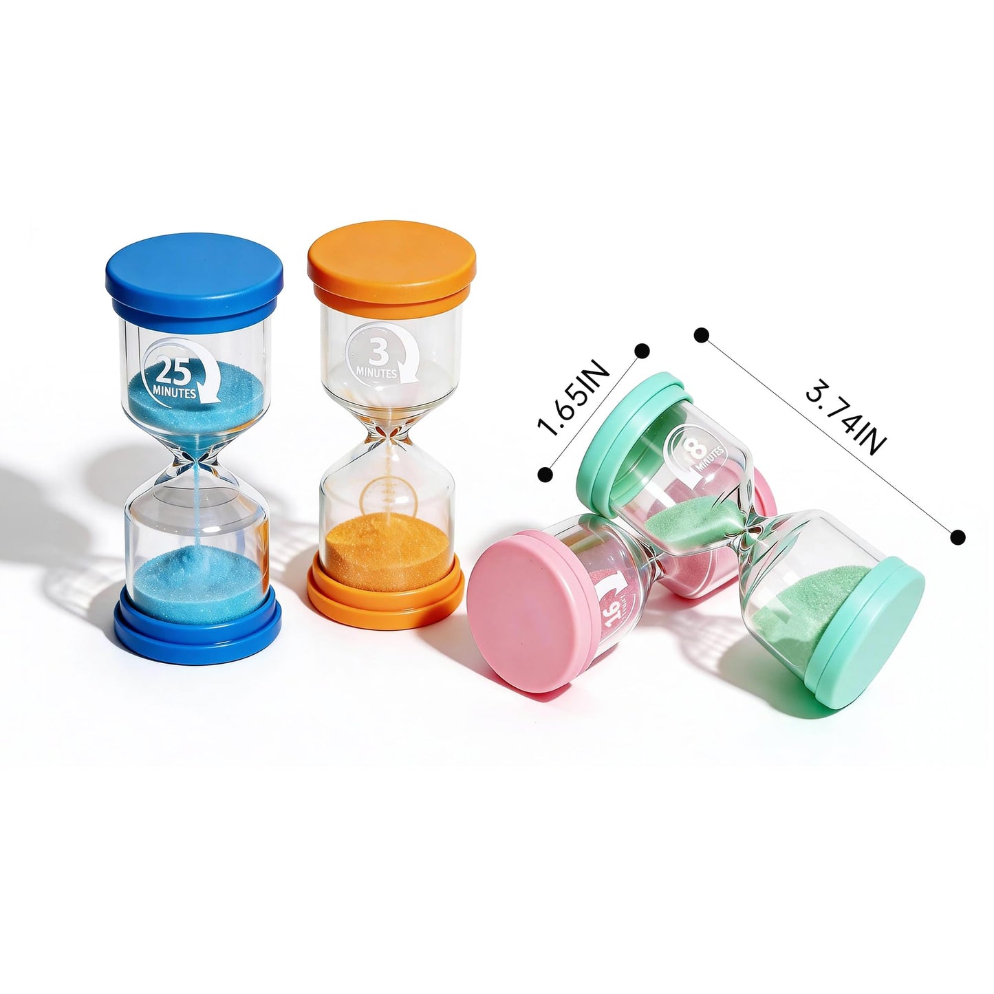 PROLOSO Sand Timers Set 4 Pcs Colorful Hourglass 3 Mins / 8 Mins / 16 Mins / 25 Mins Sandglass Glow in the Dark Sand Clock for Classroom Home Office
