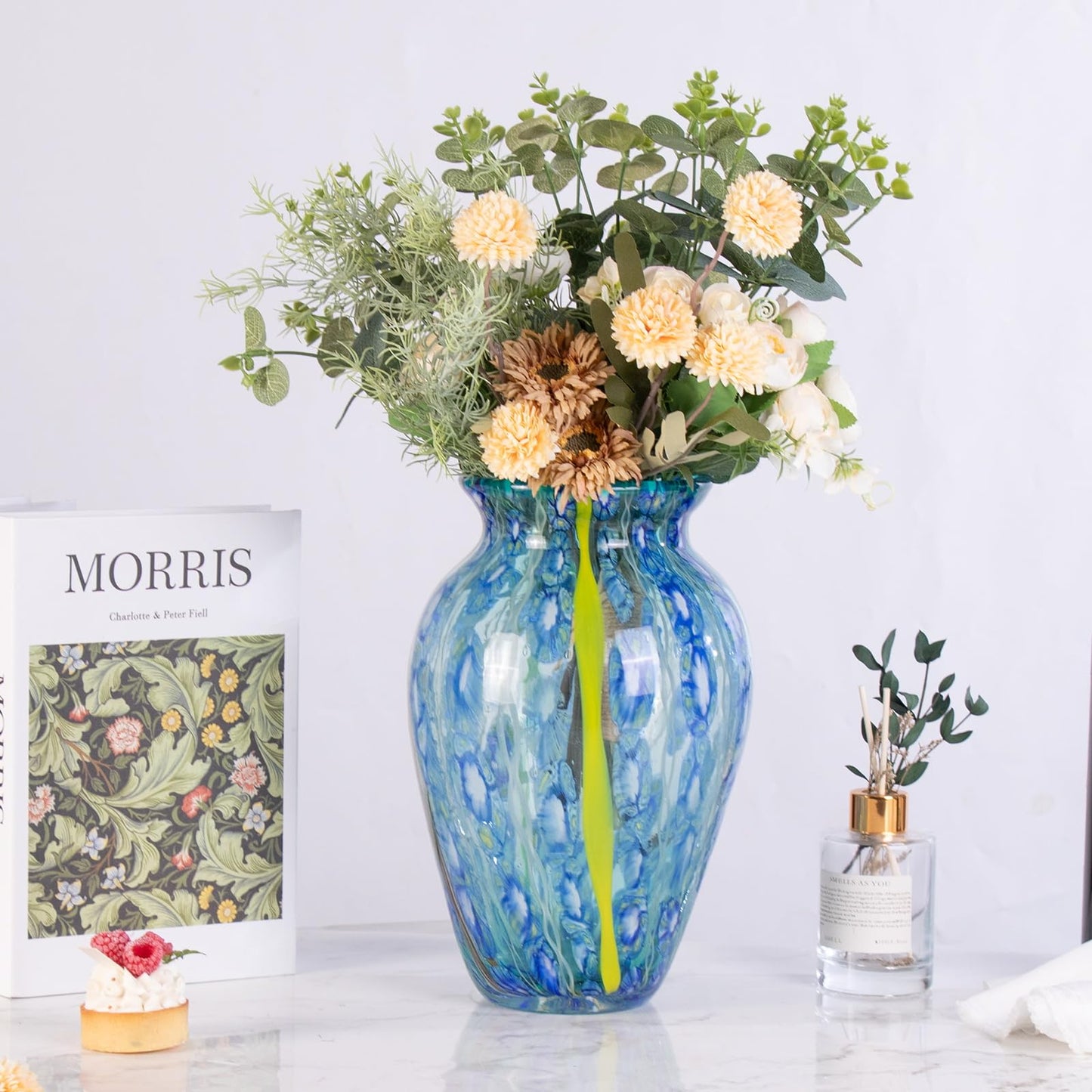 Glass Vases for Flower, Unique Hand Blown Blue Glass Vase, Modern Art Decorative for Home Living Room, Office, Table centerpieces, Bookshelves and Wedding Decorations (JG30)