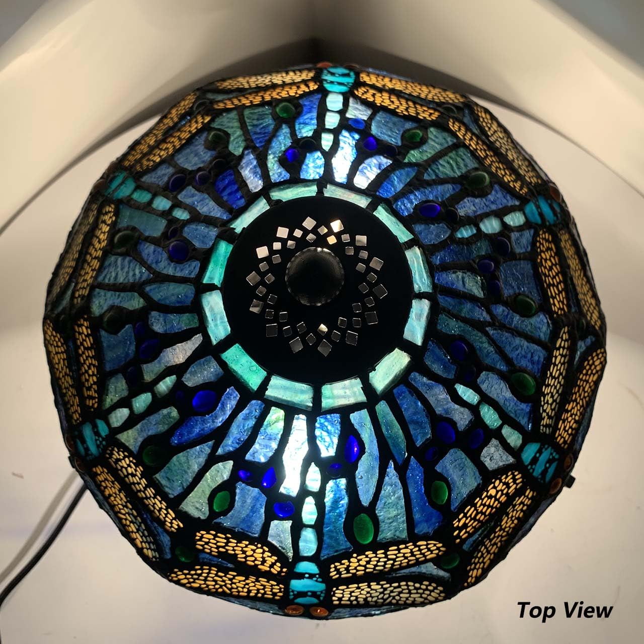 Bieye L10906 Tiffany Style Stained Glass Mushroom-Shaped Double Lit Table Lamp for Home Decor (10-inch, Blue Dragonfly)