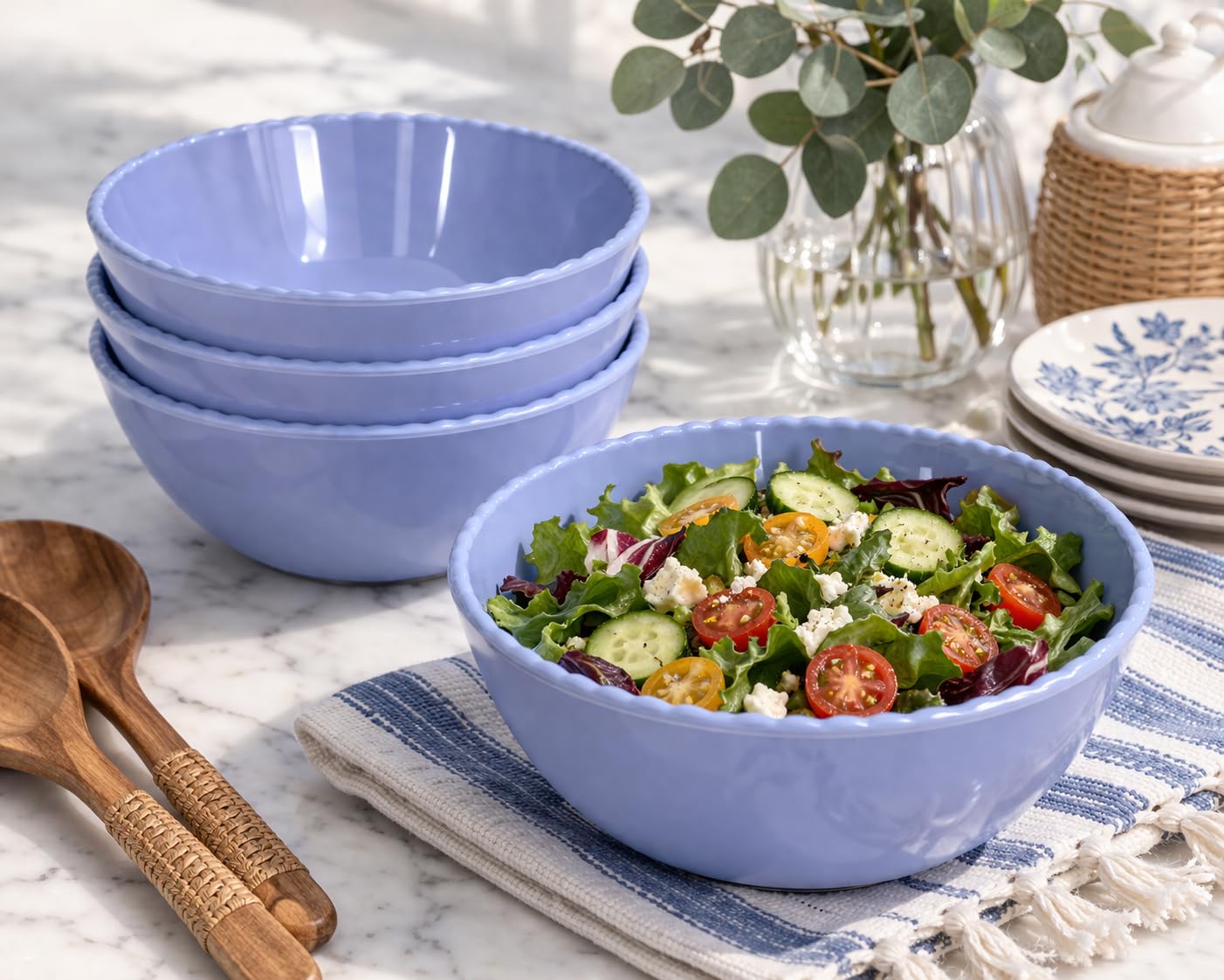 Sigrid Olsen Melamine Salad Bowls, Powder Blue, Scalloped Edge, Set of 4, 6" W x 2.5" H