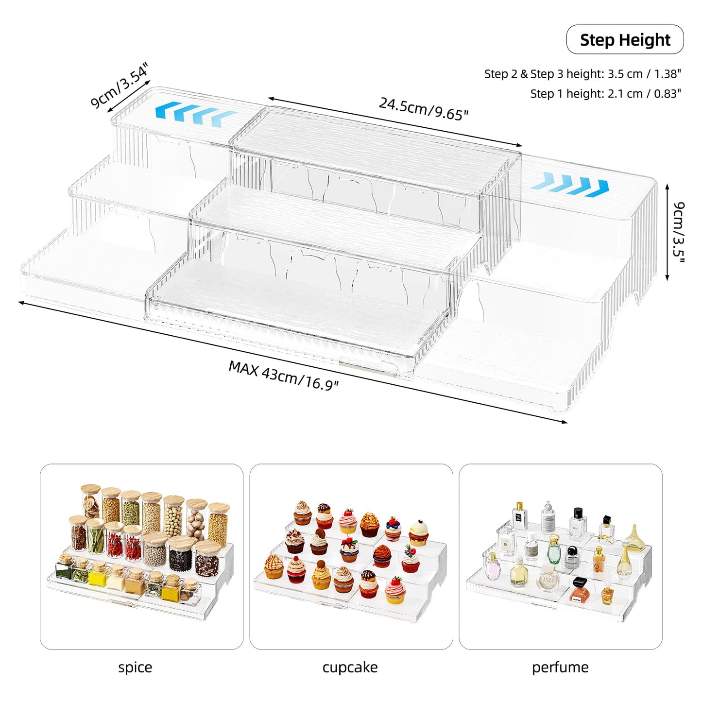 MSHOMELY 3-Tier Expandable Clear Spice Rack Organizer 2 Pack Adjustable Tiered Seasoning Shelf with Non-Slip Textured Surface, Multi-Purpose Cabinet Organizer for Kitchen Pantry Countertop Vanity