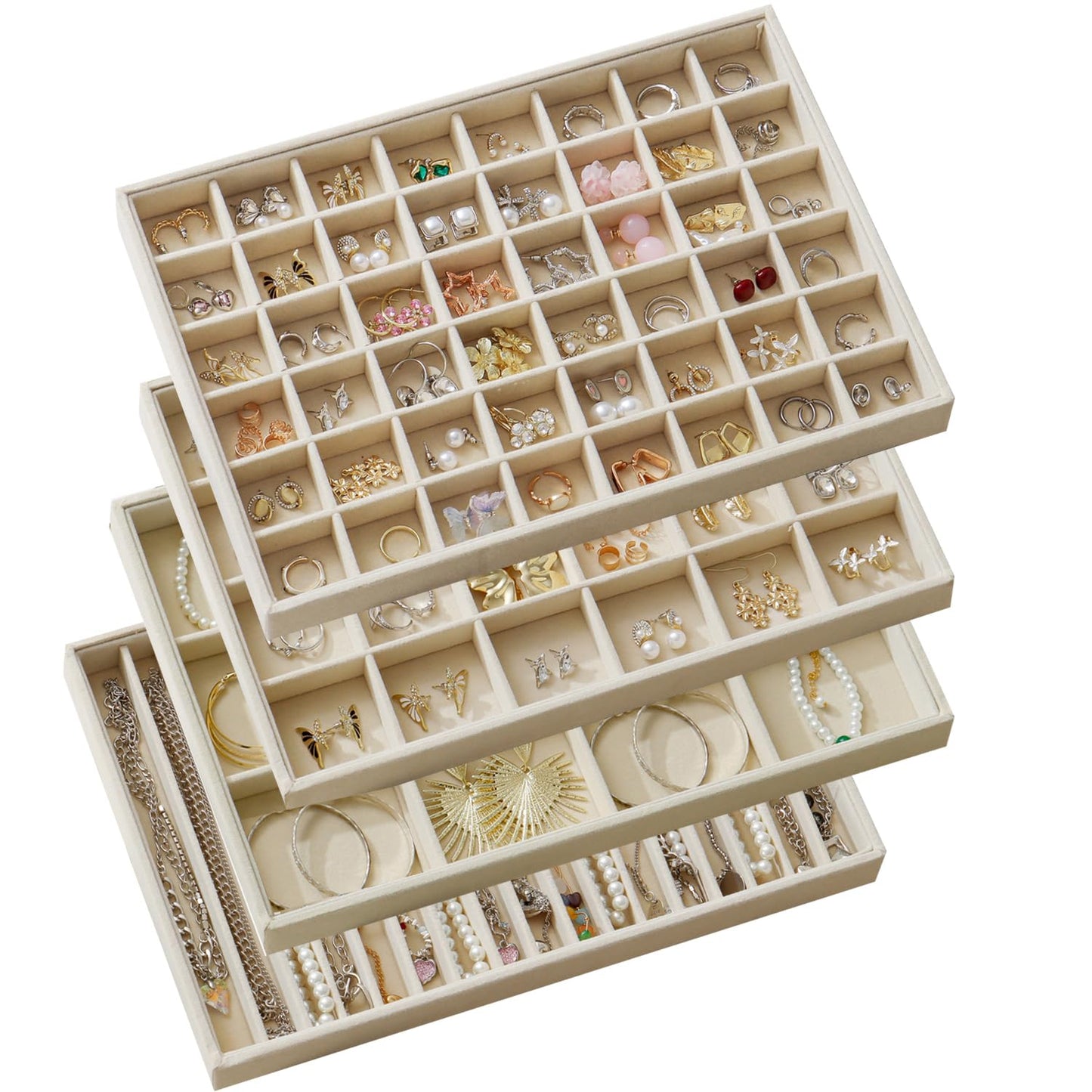KATISYIO Large Jewelry Drawer Organizer Trays Set of 4, Stackable Velvet Jewelry Trays Organizer Holder Display Storage Showcase for Earring Necklace Bracelet Ring Accessary (Beige, 12+17+24+48 Grids)