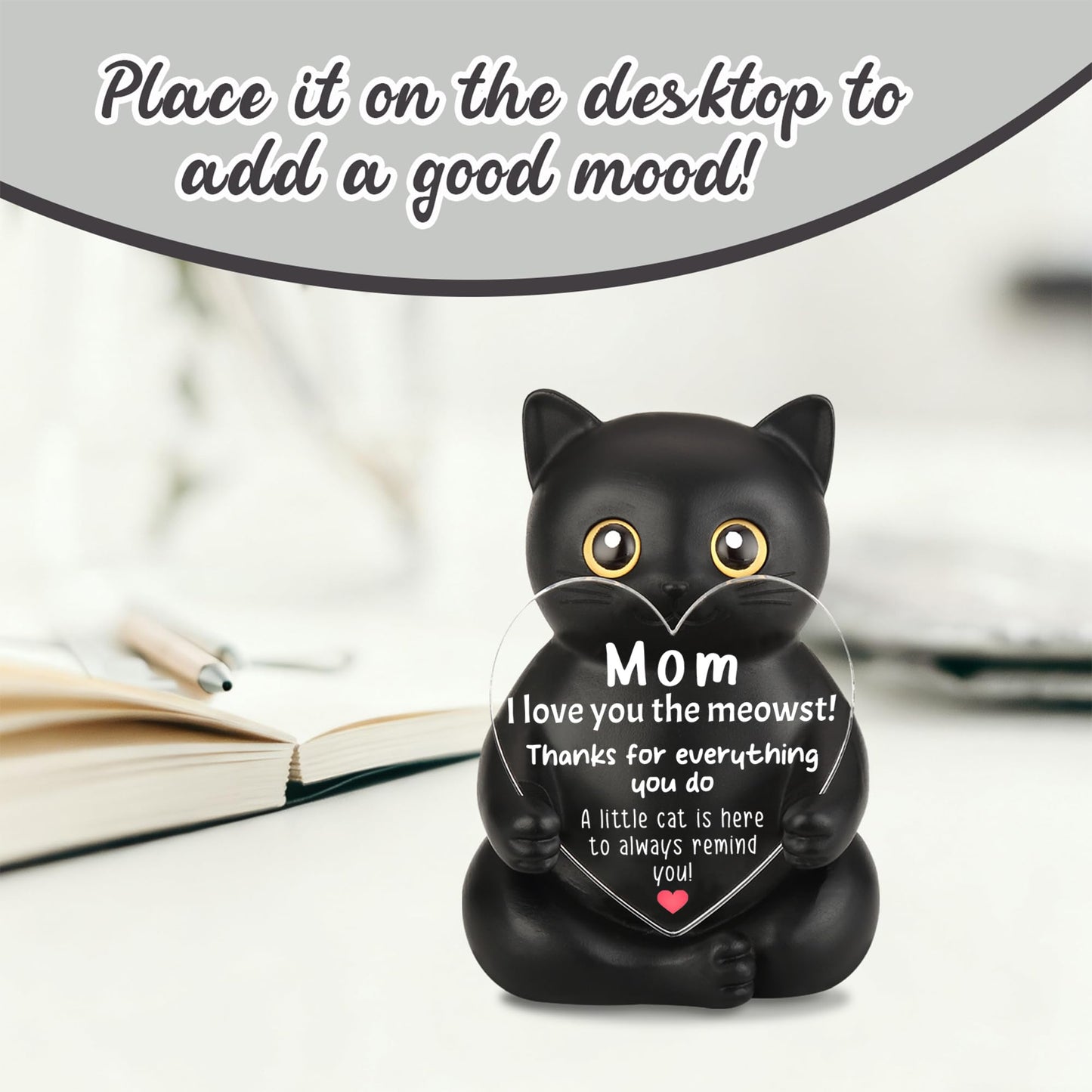 FTONENI Black Cat Thank You Gift for Mom, Appreciation Desk Figurine for Birthday Retirement, Cute Encouragement Desk Decor from Daughter Son - FDD630