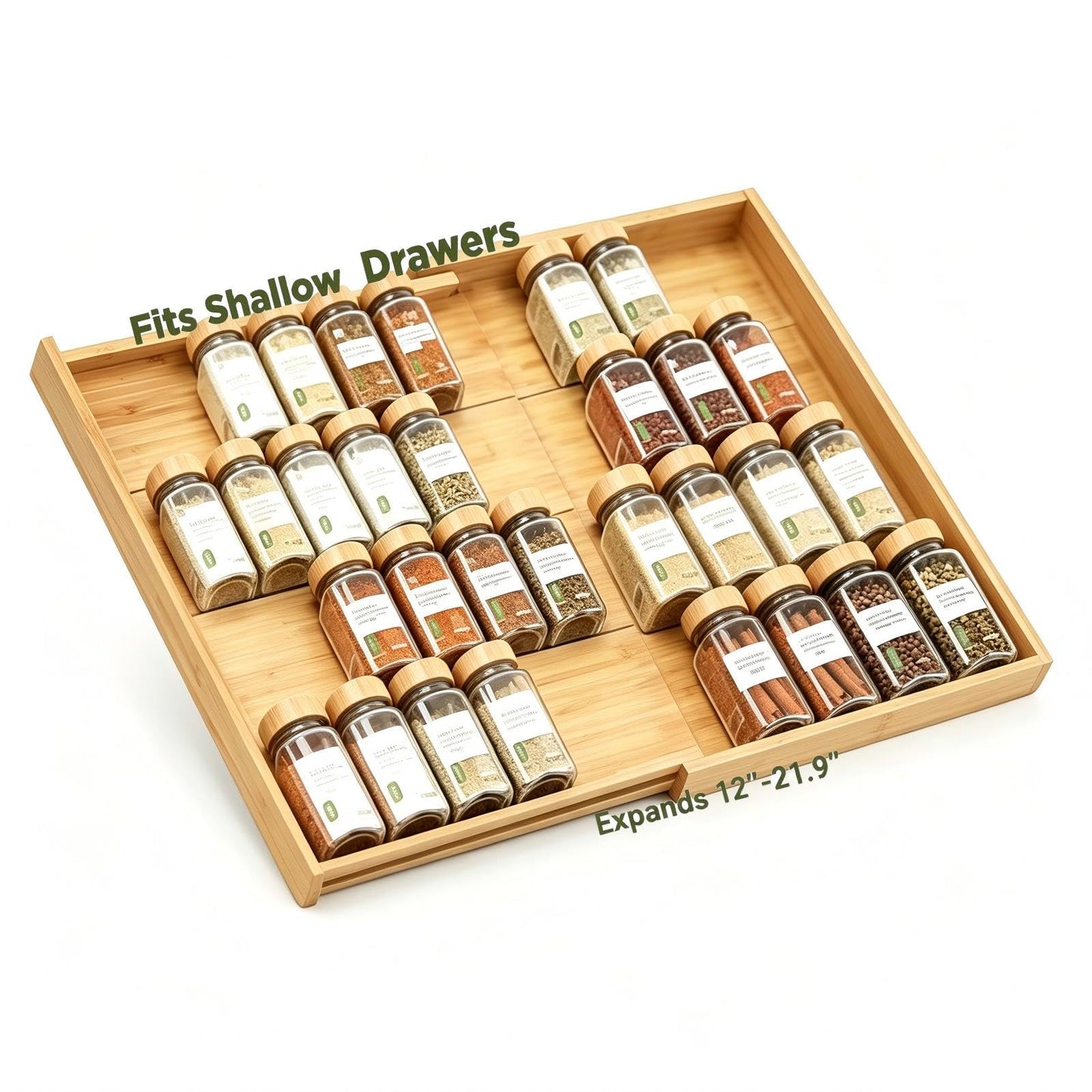 Bamboo Spice Drawer Organizer Expandable(Fits 2.6” Deep Drawers), 4-Tier Spice Rack Drawer Insert for Kitchen Cabinets(12" - 21.9" Width), Adjustable Seasoning Storage Insert (Jars Not Included)