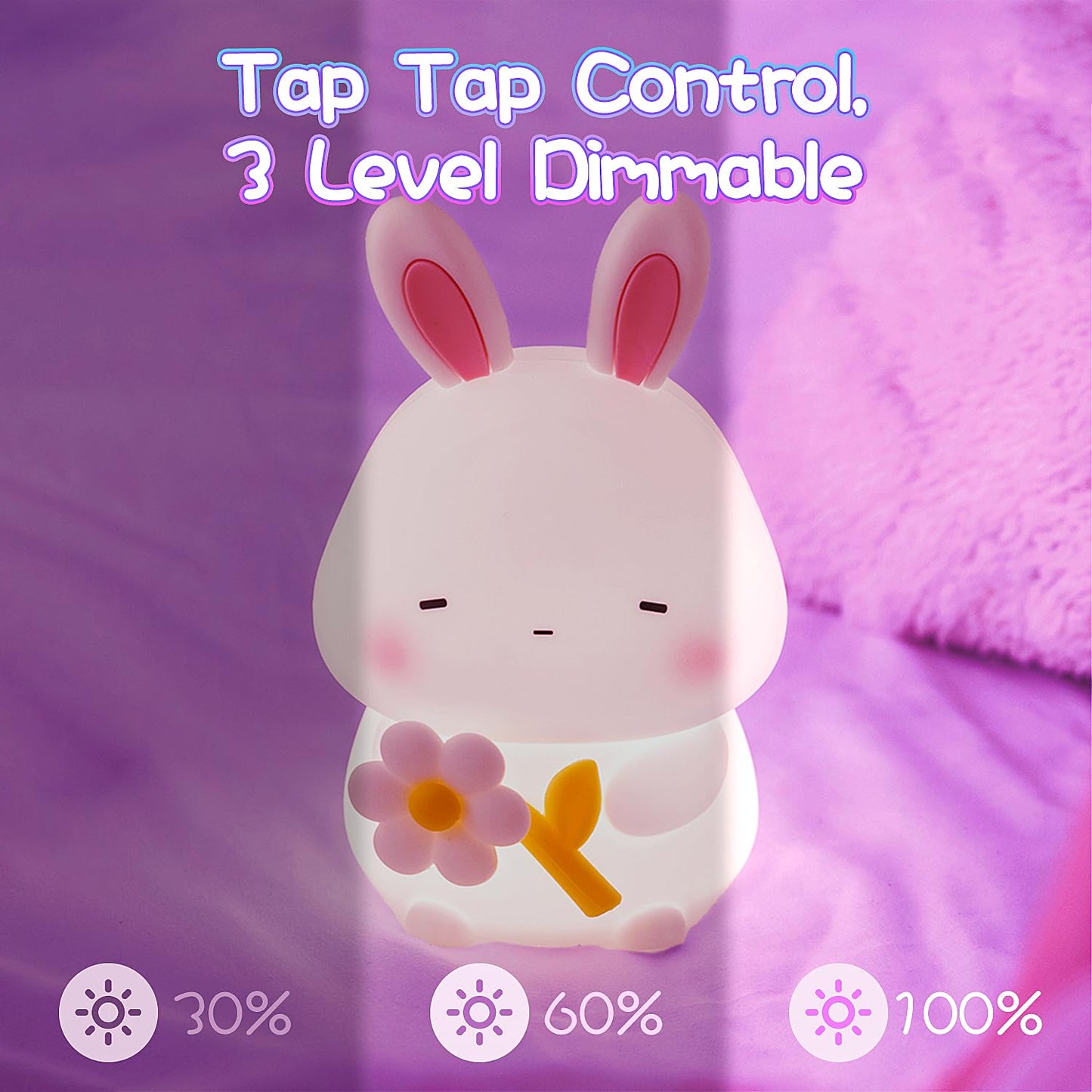 KinYiLO Bunny Night Light, 3 Level Dimmable Rabbit Nursery Nightlight, 1200mAh Soft Silicone Bedside Touch Lamps, Cute Rechargeable Easter Bunny Gifts Room Decor