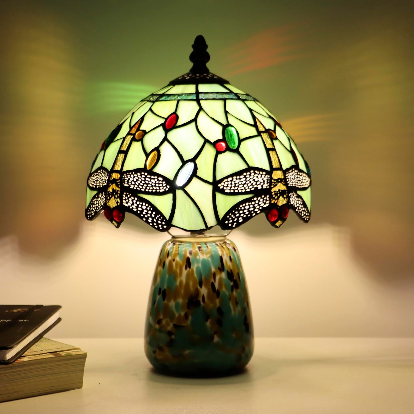 Tiffany Mushroom Table Lamp Dragonfly Style Grass Green Stained Glass Accent Lamp Brown Blue Glass Base 8X8X12 Inch