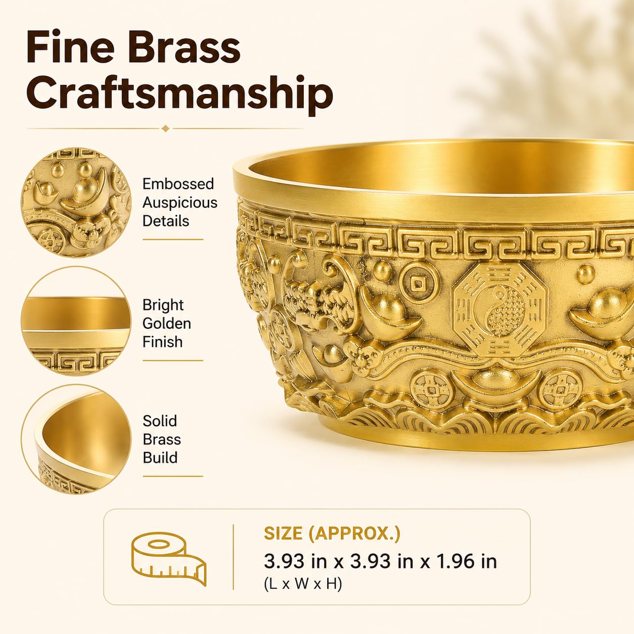 DECHOUS Brass Treasure Bowl 4 Inch Feng Shui Wealth Money Basin Decorative Chinese Style Golden Home Office Centerpiece