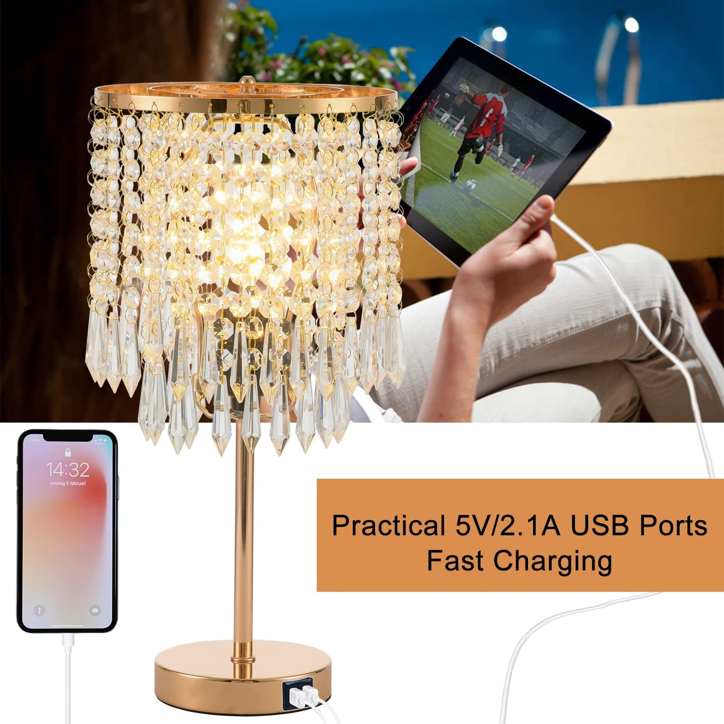 Popity home Crystal Table Lamps Set of 2, Gold Lamps for nightstand with 2 USB Charging Ports, 3-Way Touch Dimmable Crystal Desk Lamp, Gold Bedside Lamp with Elegant Shade for Bedroom, Living Room