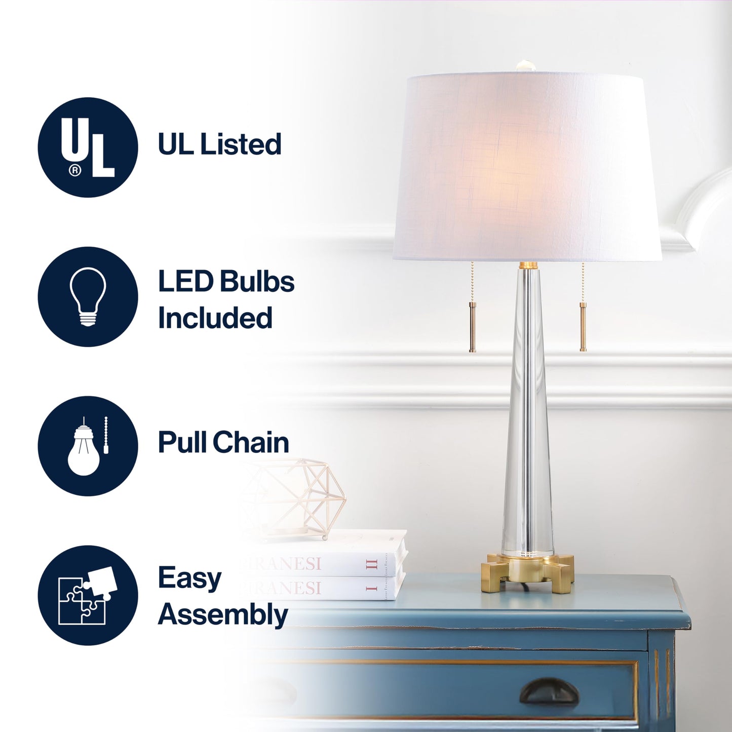 JONATHAN Y 29.5" Clear/Brass Gold 2-Light Crystal LED Table Lamp, Contemporary Glam Bedside Lamp for Living Room, White Linen Drum Shade, Pull Chain, LED Bulbs Included JYL2018A