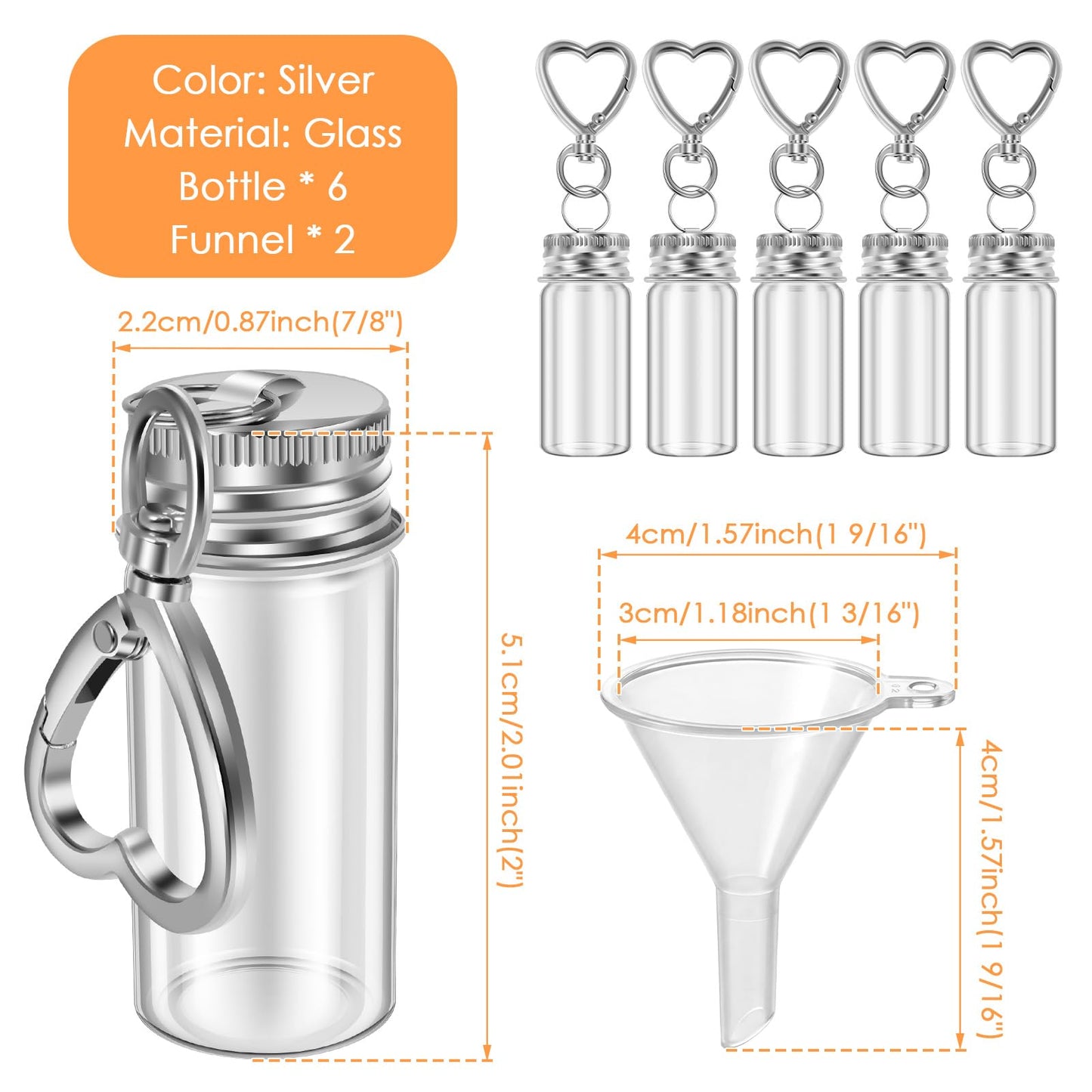 CQDAXUMY 6 Pcs Travel Salt Shaker, Mini Salt Keychain Bottle with Mini Funnel, Portable Clear Glass Spice Jar, Small Key Chain Travel Salt and Pepper Shakers for Camping, Office, Outdoor