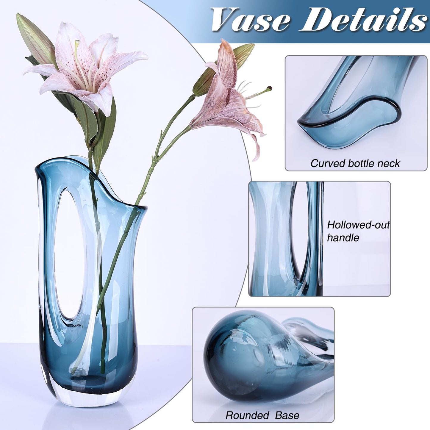 Abstract Glass Decorative Vases - 12.6" H Ombre Centerpiece Vase, Wide Mouth Handled Glass Pitcher Vase Flower, for Home Decor Living Room,Table,Bathroom,Office Shelf Decorative (Ombre Blue)