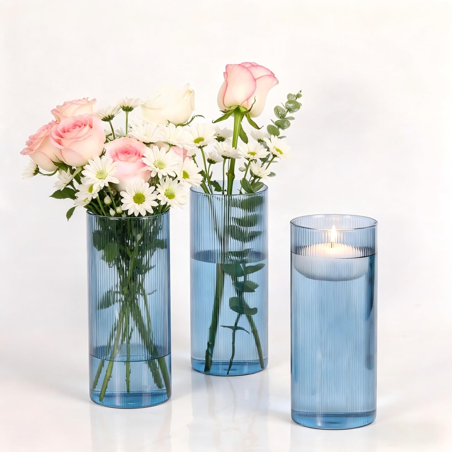 Glass Cylinder Vases, Blue Vases for Centerpieces Set of 3, 8 Inch Tall Ribbed Vase Hurricane Floating Candle Holder, Small Vases for Flowers Wedding Decoration, Home Decor, Housewarming Gift (Blue)
