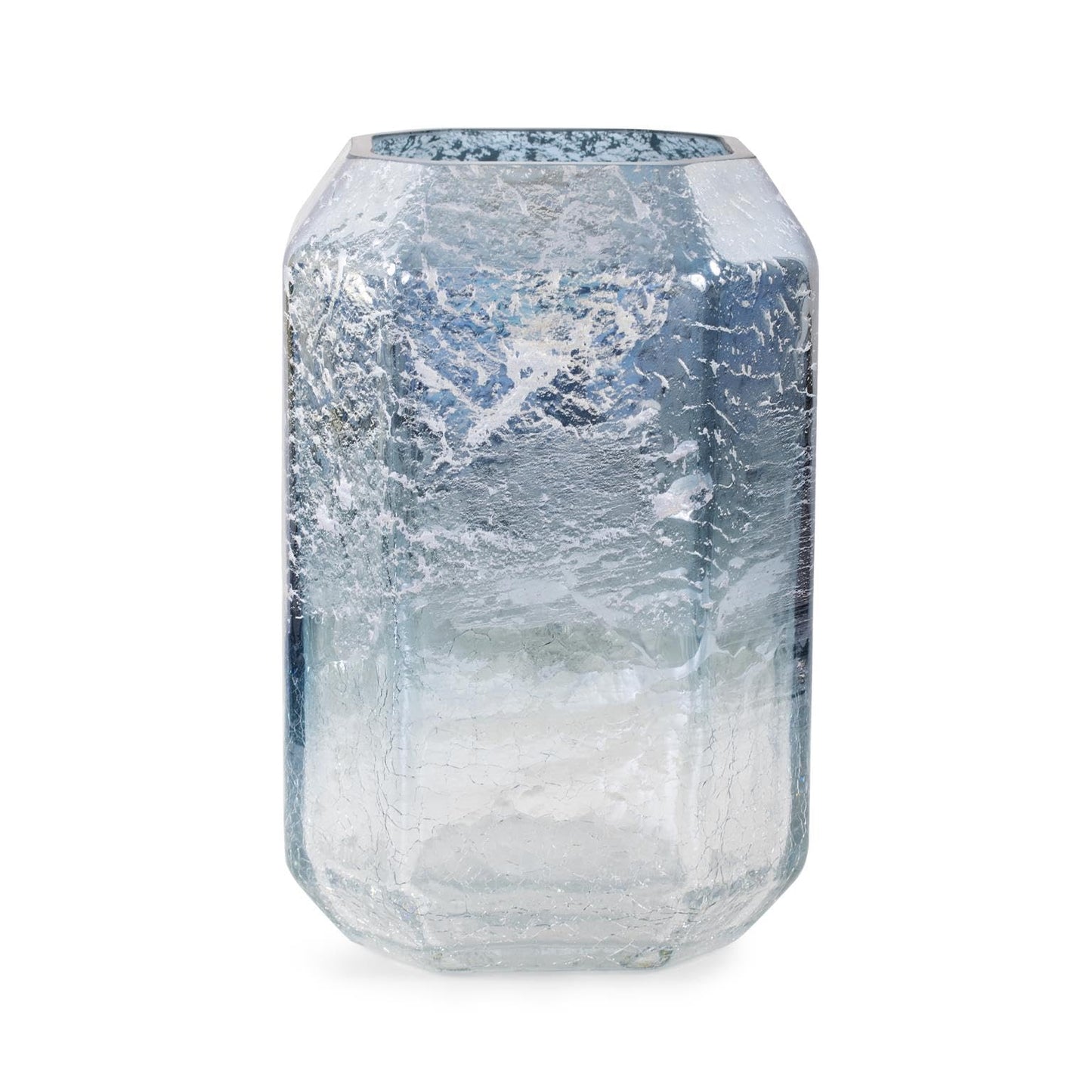 Howard Elliott Collection Lonsdale Iridescent Tall Glass Vase, Arctic Blue Square Vase with Geometric Texture, Decorative Accent for Table, Shelf or Centerpiece, 6.25H x 7.88W x 7.88D, Blue Silver