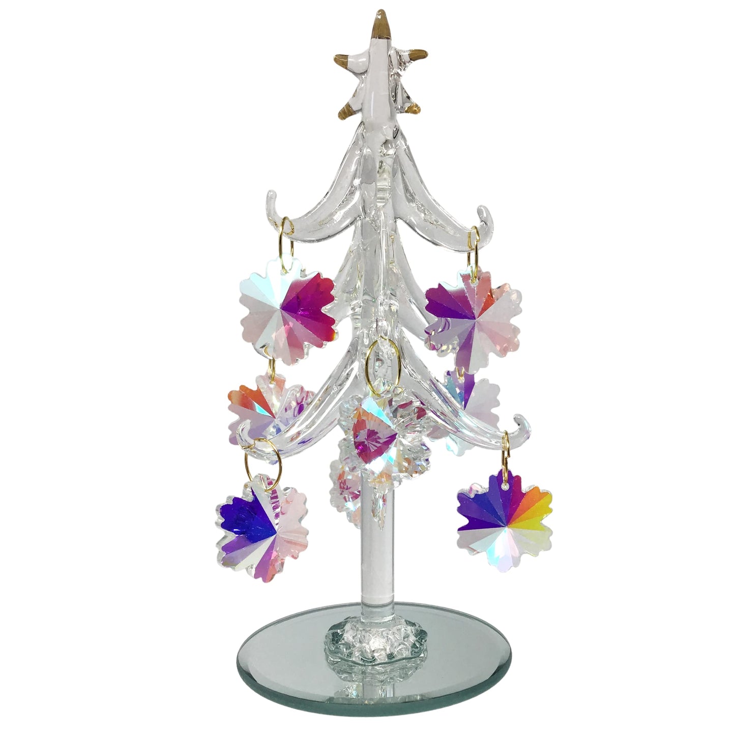 Tabletop Christmas Tree - Spun Glass with Gold Trimmed Star - Includes 9 Iridescent Crystal Snowflake Ornaments - Mirrored Base is 2 3/4" D - Tree is 6" H