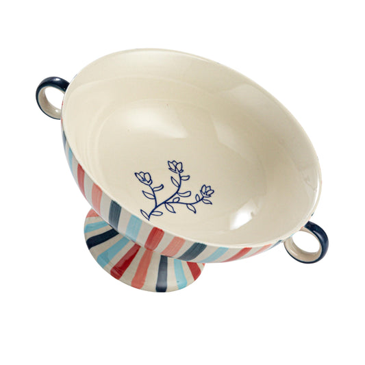 Creative Co-Op Hand-Painted Stoneware Footed Bowl with Handles and Stripes, Multicolor