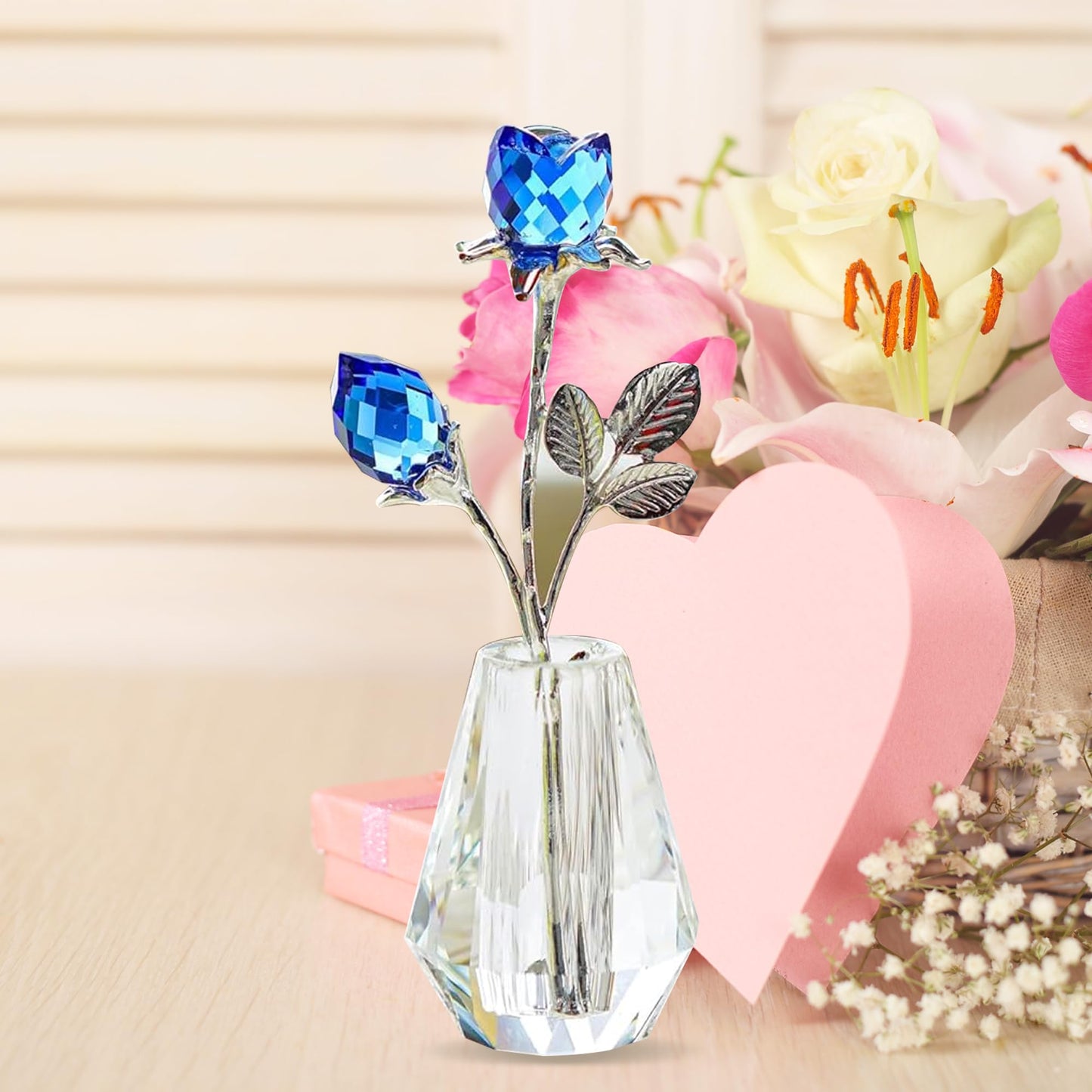 H&D HYALINE & DORA Blue Crystals Roses with Sliver Metal Stem Glass Figurine Ornament Wedding Gifts for Woman Home Party Decorations