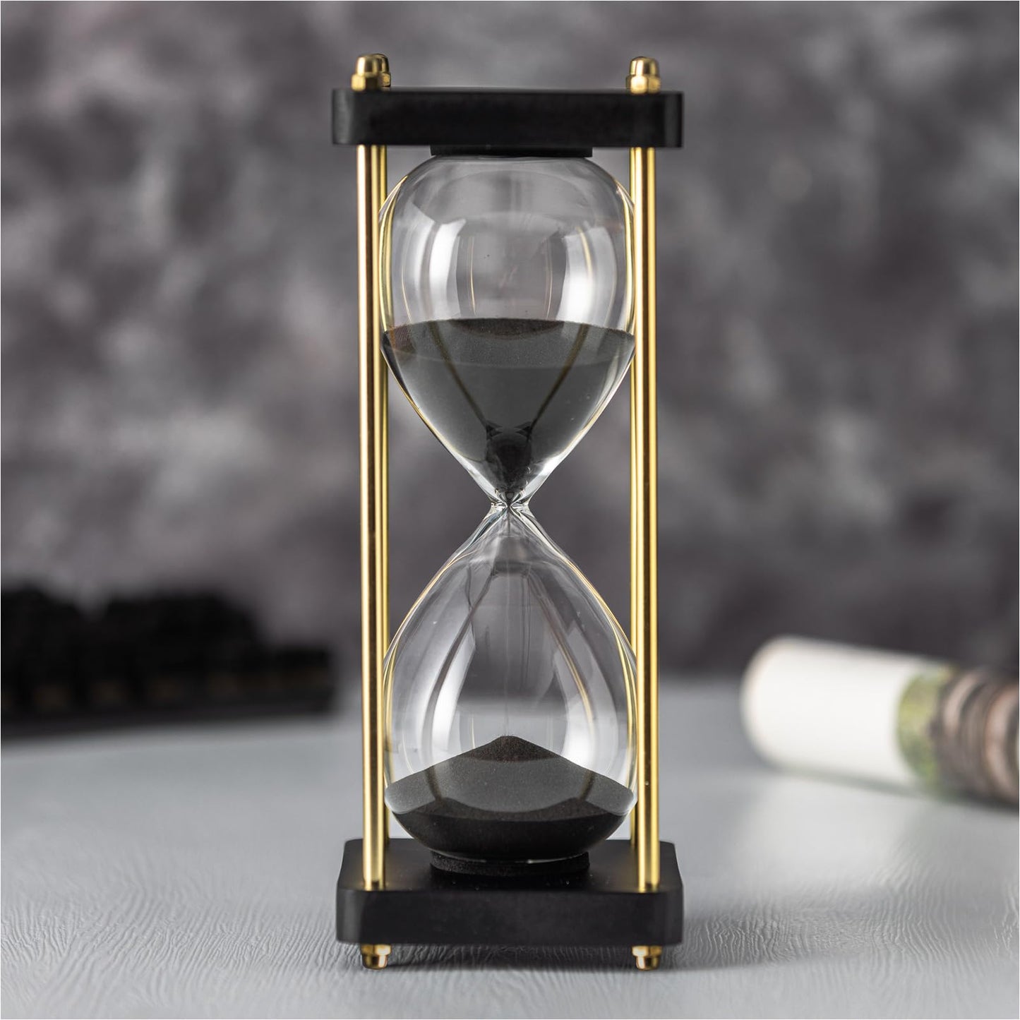 ELAINESTORE Hourglass Timer 60 Minute with Golden Pillars, Black Wooden Base Decorative Sand Timer (Black Sand, Large Size)