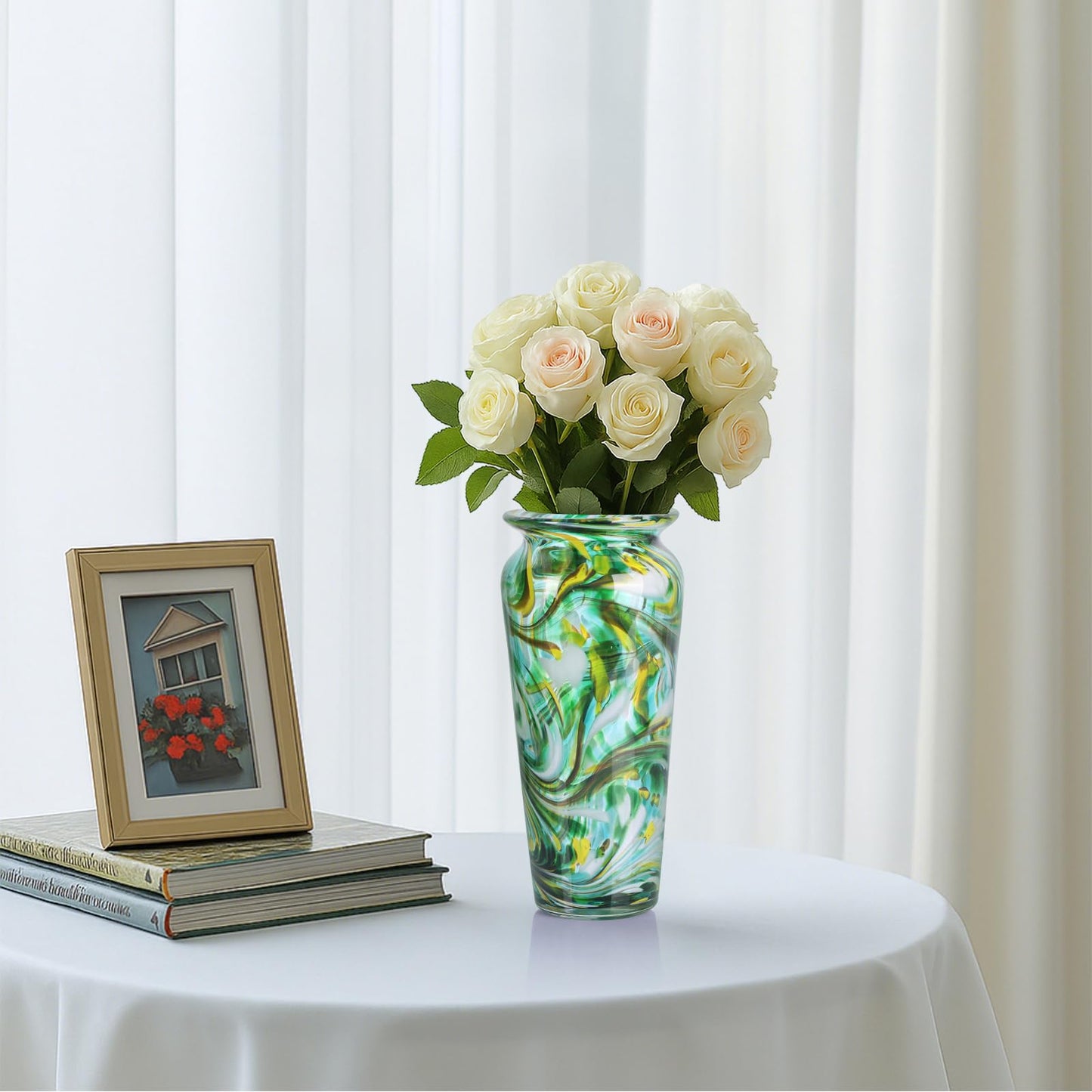 PlivBloom Green Hand Blown Glass Vase – Tall Speckled Decorative Centerpiece in Murano Style for Dining Table, Coffee Table, Mantel, Entryway, or Bookshelf in Coastal or Modern Decor (Green)