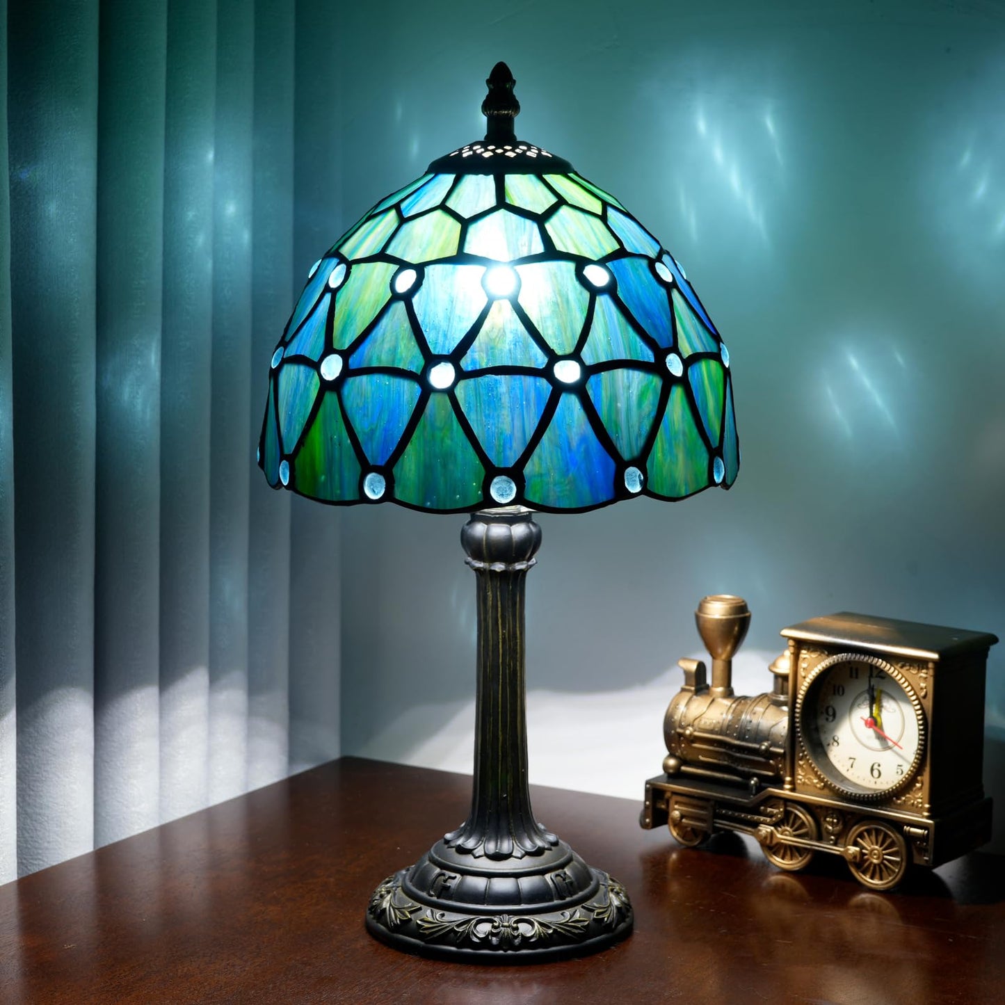 KIPHEPI Tiffany Lamp Stained Glass Table Lamp 8X8X14 Inches Sea Blue Style Living Room Bedroom Dorm Kitchen Home Decor Festival Birthday Gift