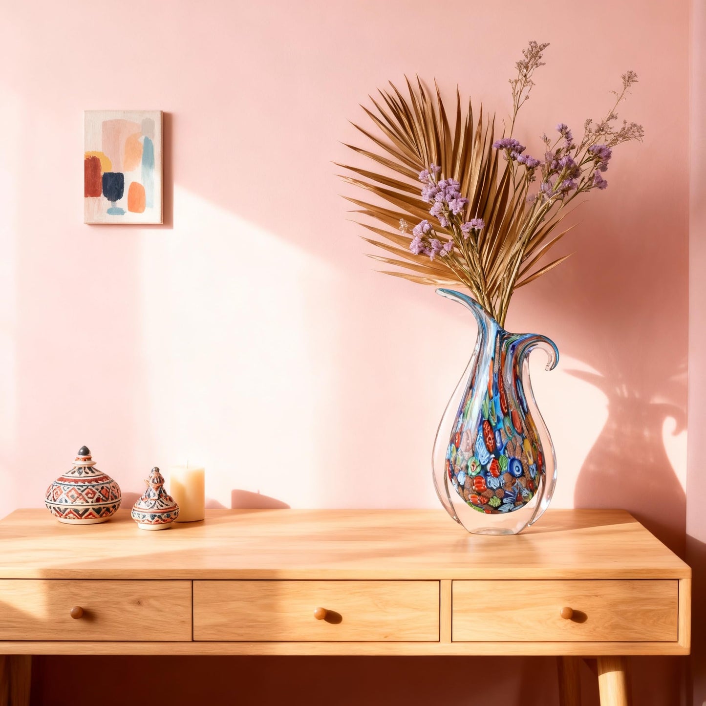 Blown Glass Painted vase, a Unique Murano-Style Glass Decorative Art Piece, Suitable for Living Room TV cabinets, Dining Table Arrangements, Offices, Rooms, and Tabletop Decorative Accents. (Blue)