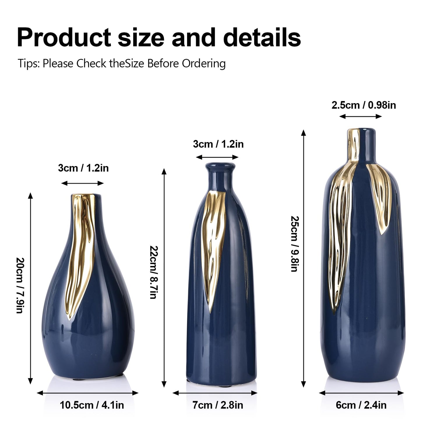 Blue and Gold Vase Set of 3, Modern Ceramic Decorative Vases for Living Room, Bedroom, Art Decor, Mantle, Home Event Decor, Office Decorative, Weddings, Rustic & Farmhouse (Blue Gold)