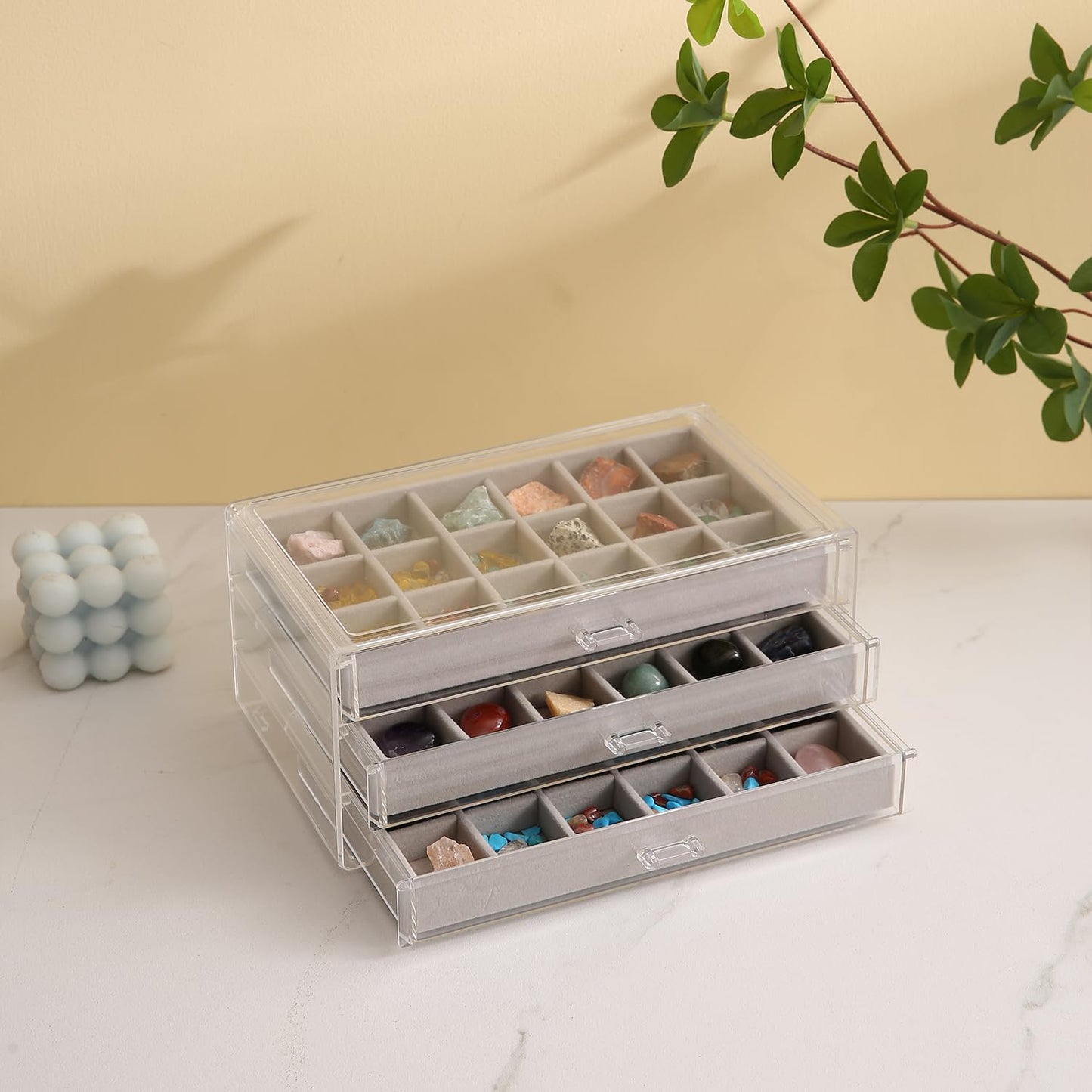 Rock Display Case, 54 Girds Rock Collection Display, Rock Collection Box for Kids with Acrylic Cover and Velvet Compartment, Gemstone Display Case for Stones, Crystals, Gems (Grey)