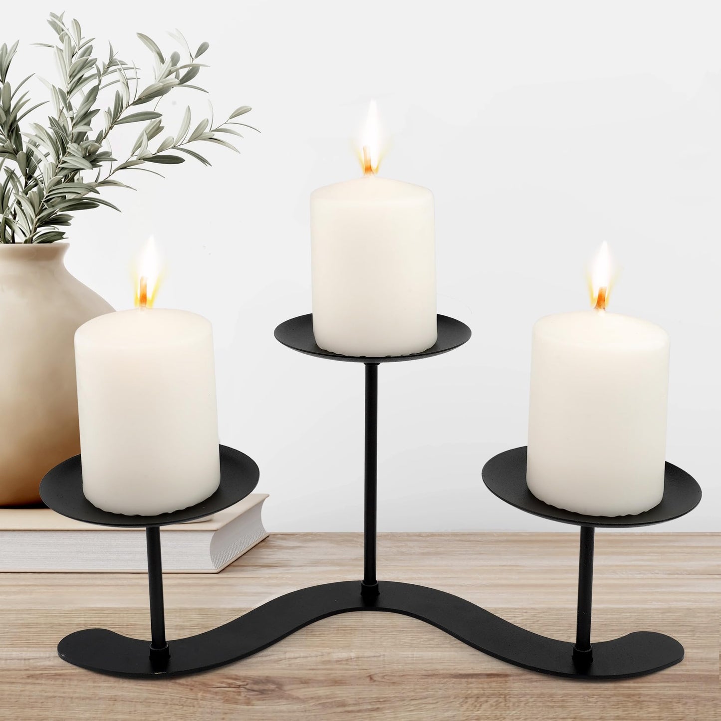 3-Arm Iron Candelabra Candle Holder -10 Inch Waved for Pillar Candles