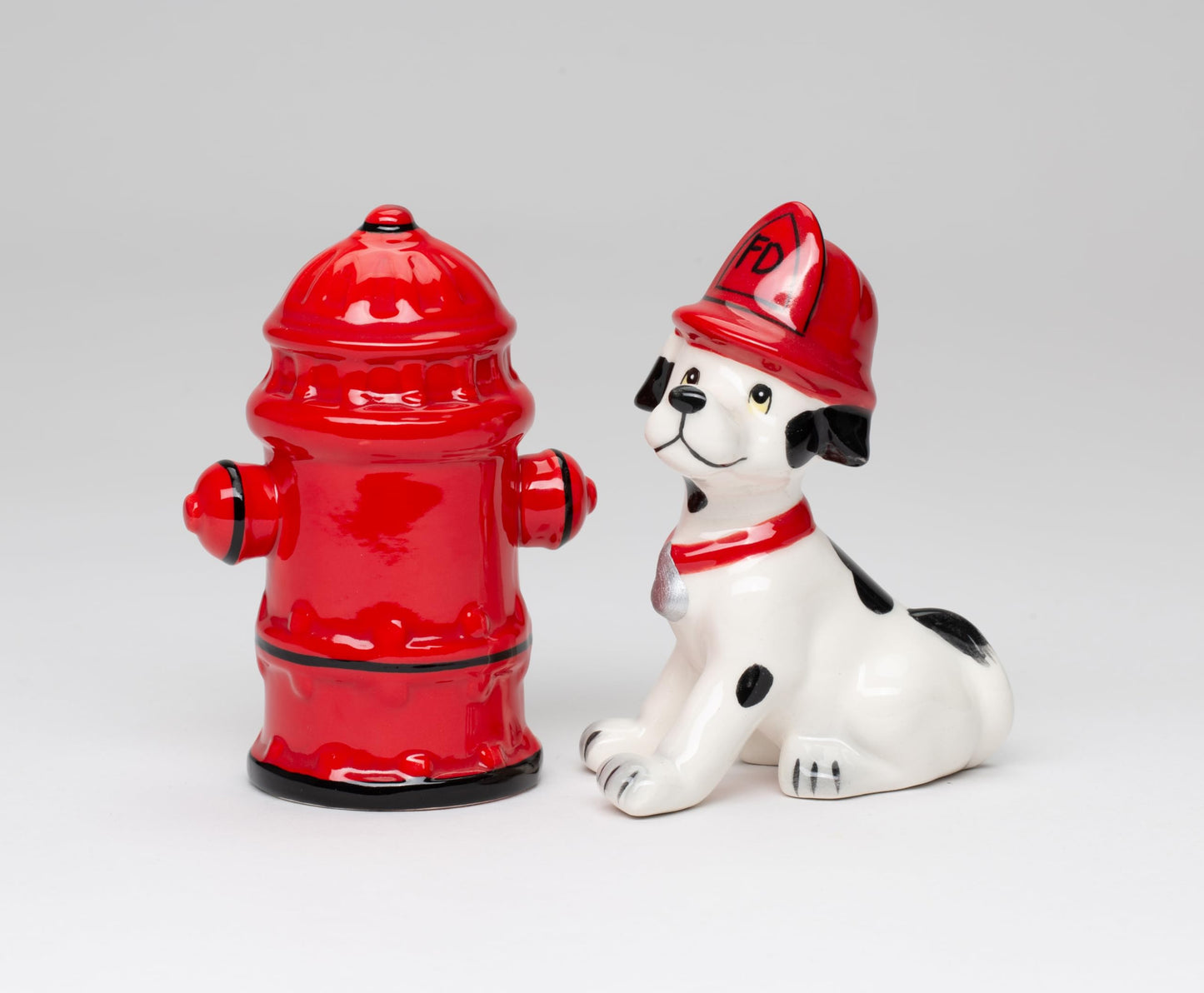 Cosmos Gifts 50158 Fine Ceramic Red Fire Hydrant and Dalmatian Firefighter Puppy Dog Salt and Pepper Shakers, 4" H