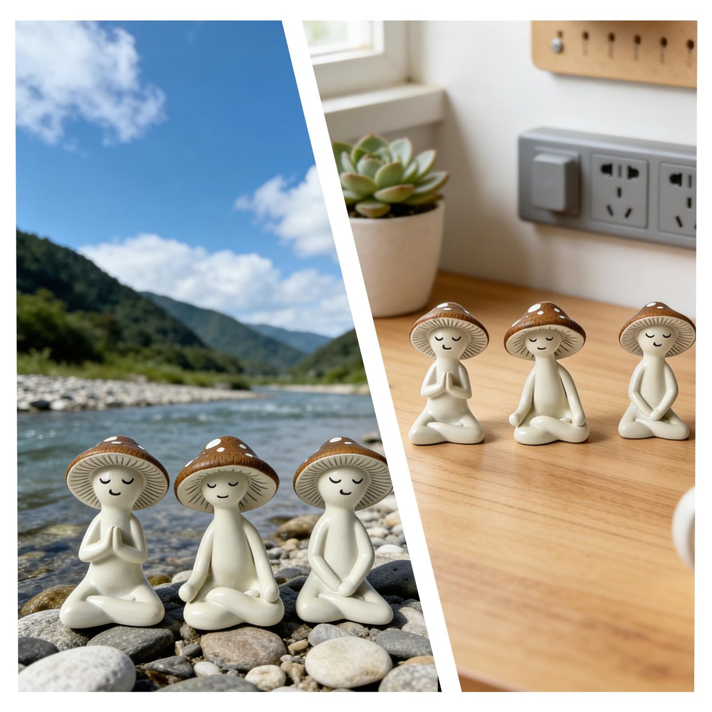 HPZIHYNAP 3 Pcs Ceramic Meditation Mushroom Figurines Set, Cute Yoga Mushroom Decor Statues for Desk, Home Office, Living Room & Garden, Unique Tabletop Ornament for Mushroom Lovers