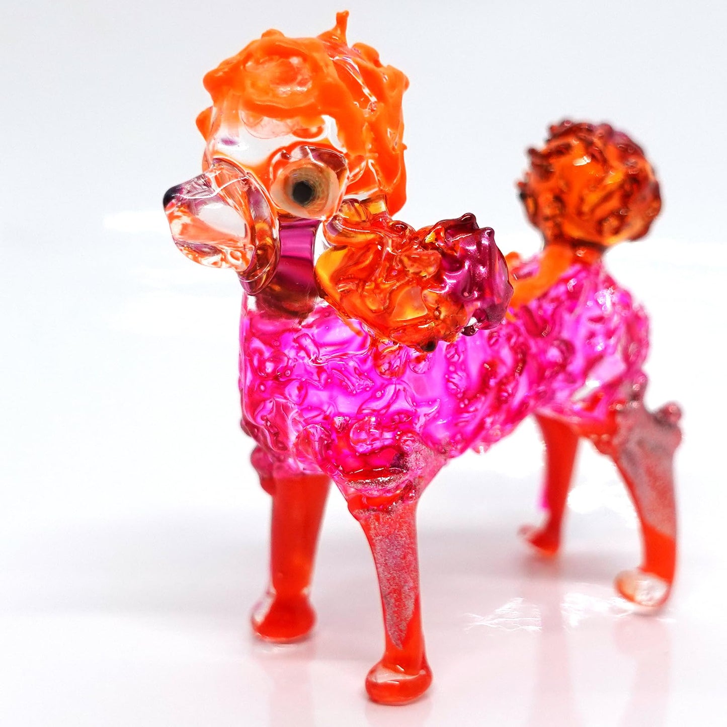Sansukjai Poodle Glass Handmade Figurine - Painted Blown Glass Dog Sculpture with Layered Eyes - Miniature Collectible Pet Decor Gift for Dog Lovers (Pink Orange)