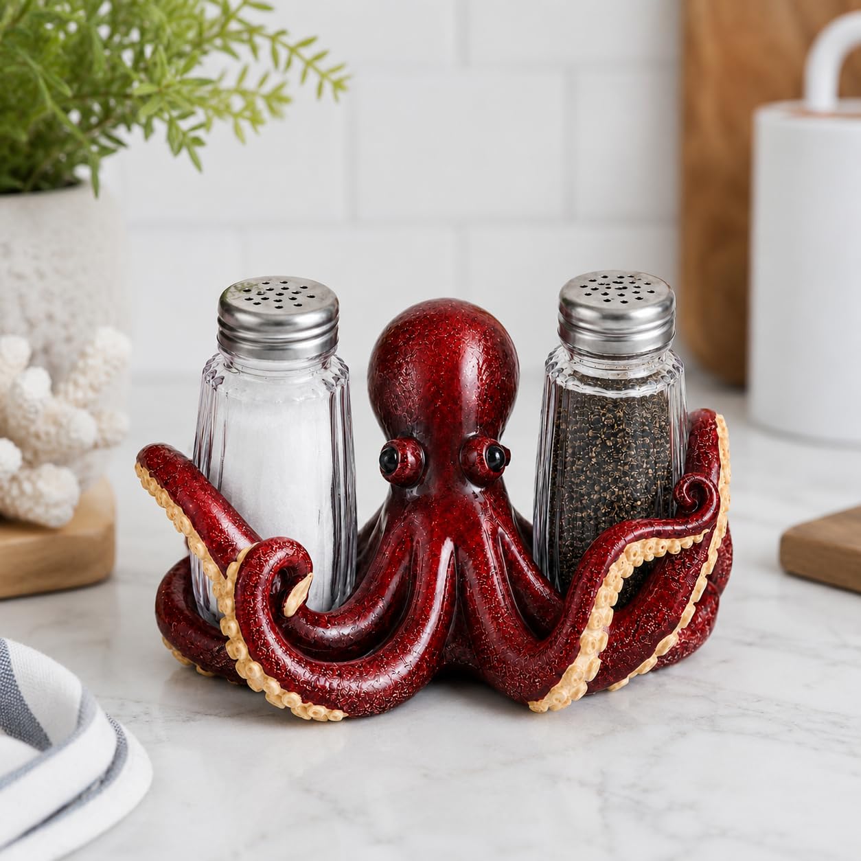 Comfy Hour 6" Red Octopus Salt and Pepper Shaker Duo (Empty Bottle Set Included), Decorative Coastal Ocean Figurine Holder for Kitchen Tabletop, Heavy Duty Resin Stone Texture, 1 Unit