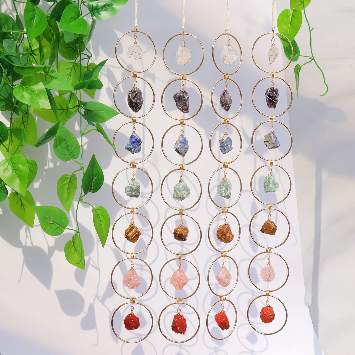 Pozbee 7 Chakra Crystal Hanging Ornament, Unique, Spiritual Boho Wall Decor, Raw Chakra Stones Amethyst Suncatcher, Rose Quartz Healing Crystal (Gold)