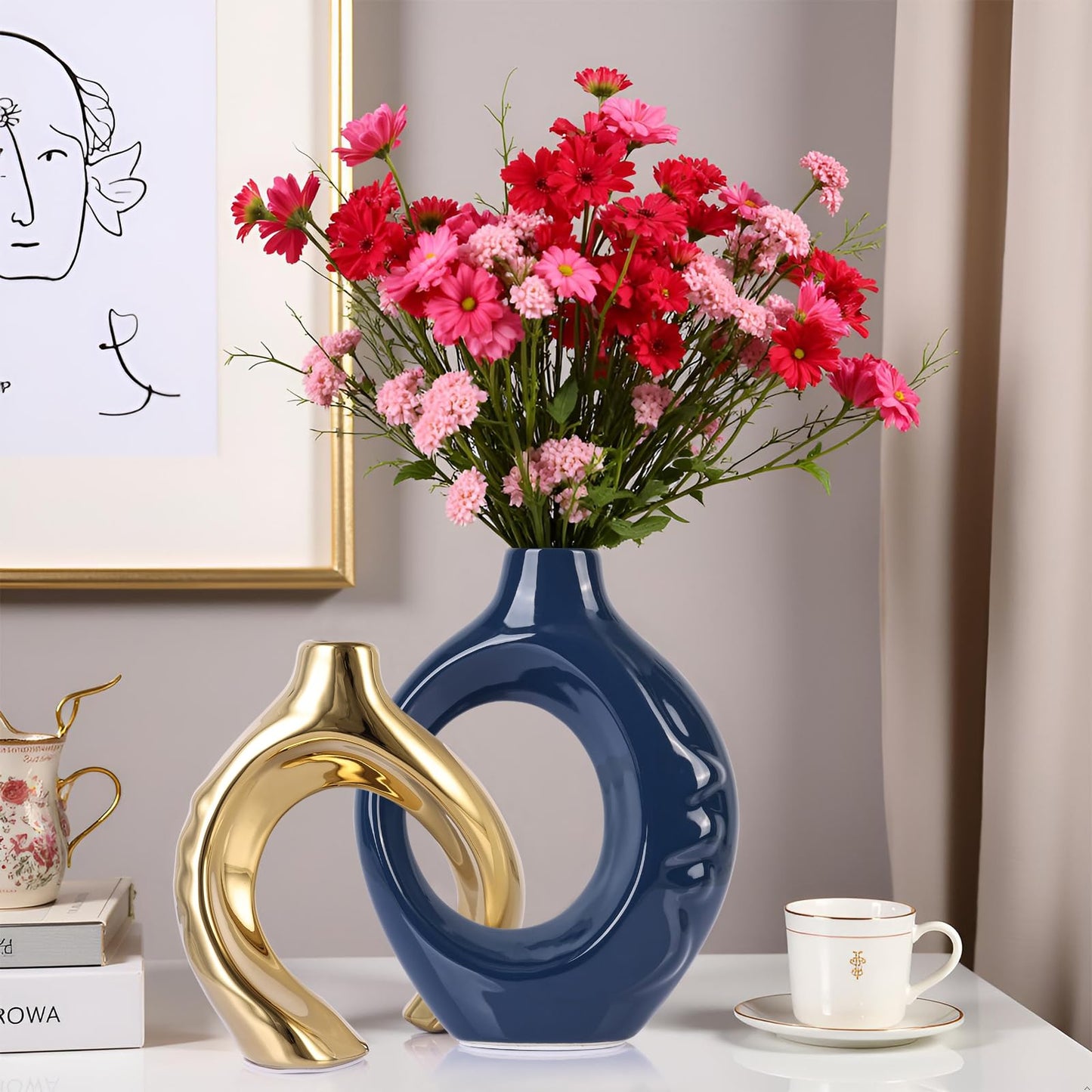 LCCCK Blue and Gold Ceramic Vases for Home Decor, Boho Vase for Flowers Pampas Grass Decorative, Navy Blue Hollow Donut Small Vase for Living Room Table Wedding Centerpiece Modern Vases