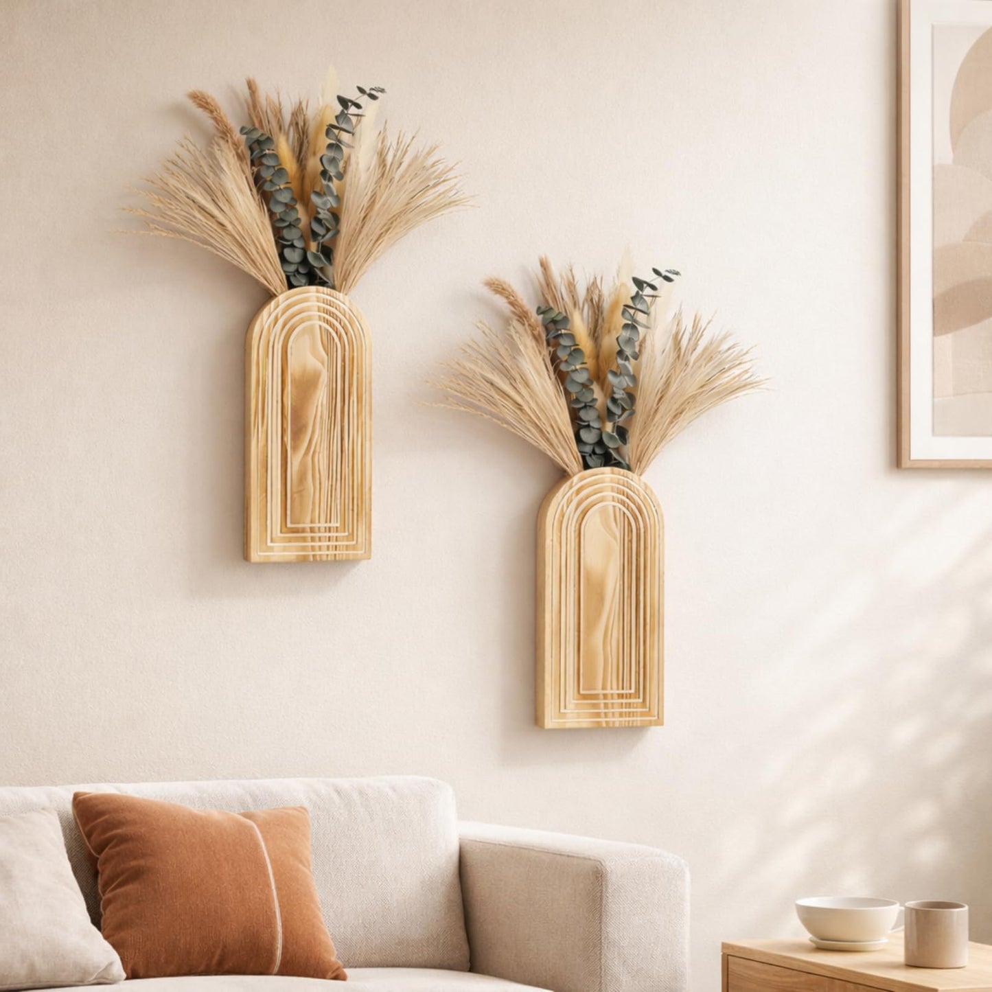 Wooden Wall Vase Set of 2 with Dried Pampas Grass & Eucalyptus – Boho Farmhouse Wall Decor for Living Room, Bathroom, Entryway or Hallway, Rustic Modern Wooden Wall Art