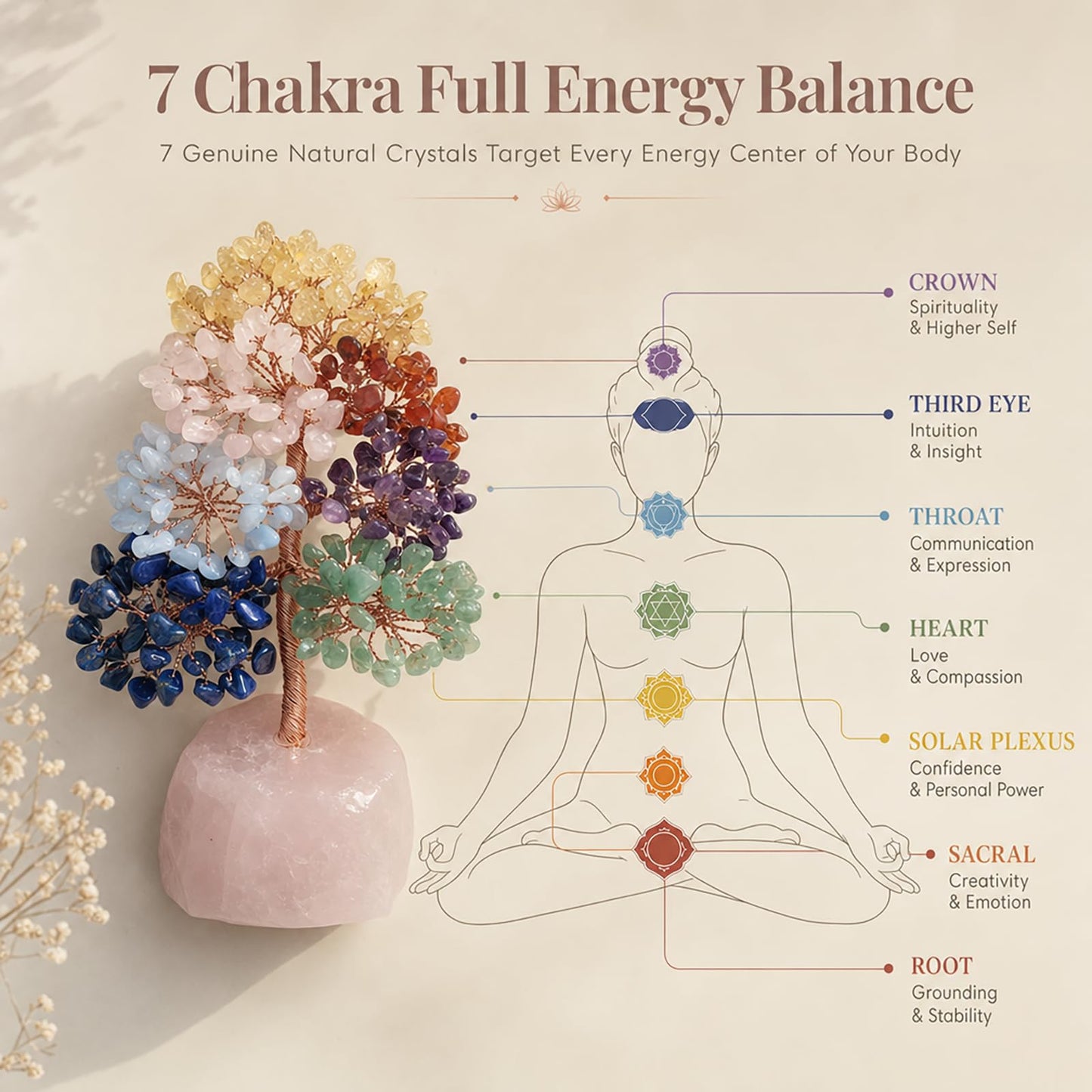 Fatonio 7 Chakra Tree of Life Tree with Raw Rose Quartz Base