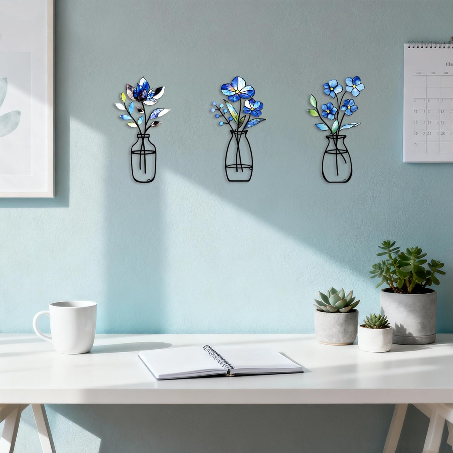 KIROYAL 3 Pcs Metal Vase Wall Arts,Iron Art Painting,Rustic Farmhouse Decor Minimalist Flower Wall Decor for Bedroom Bathroom Living Room Dining Room(Blue, Vase-D)