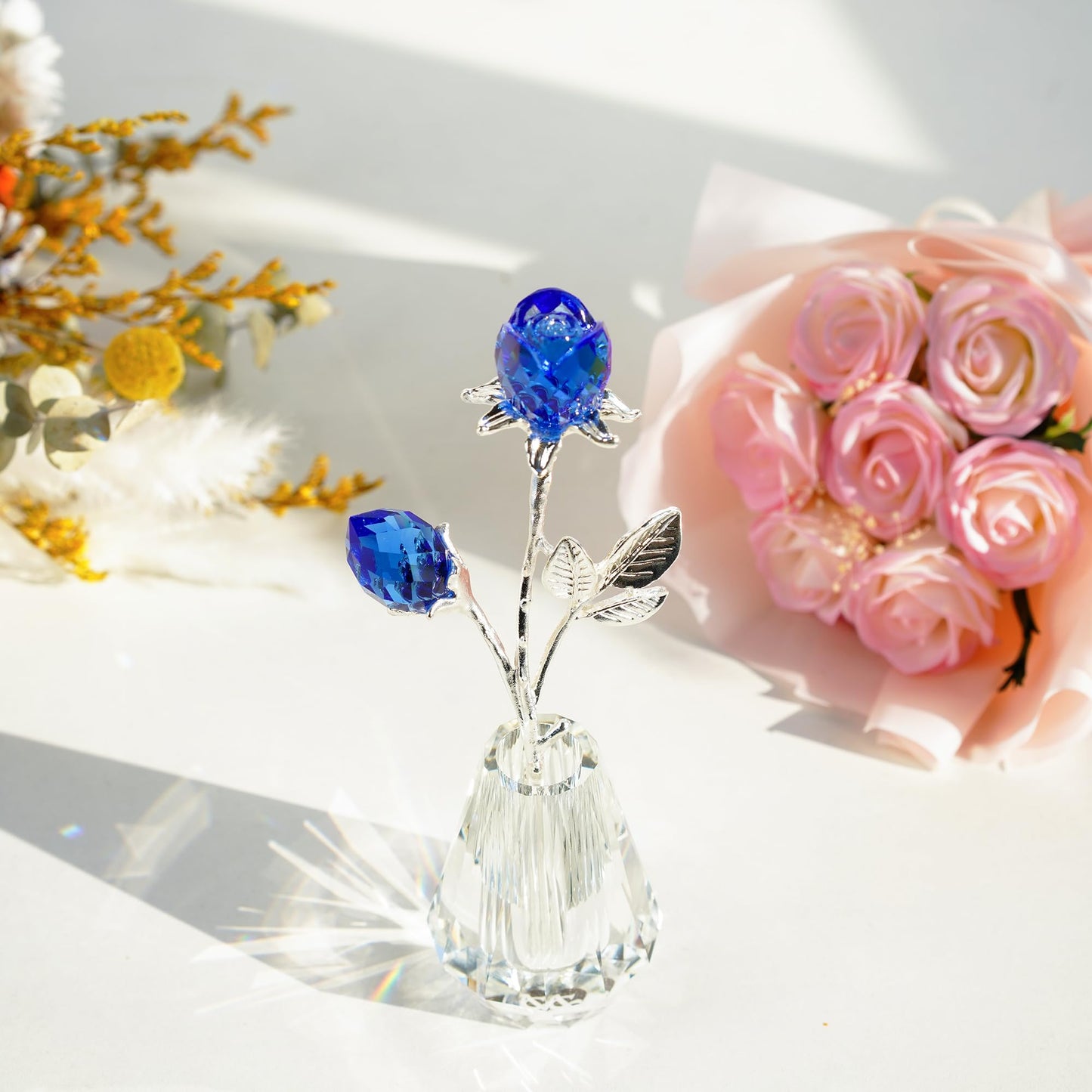 H&D HYALINE & DORA Blue Crystals Roses with Sliver Metal Stem Glass Figurine Ornament Wedding Gifts for Woman Home Party Decorations