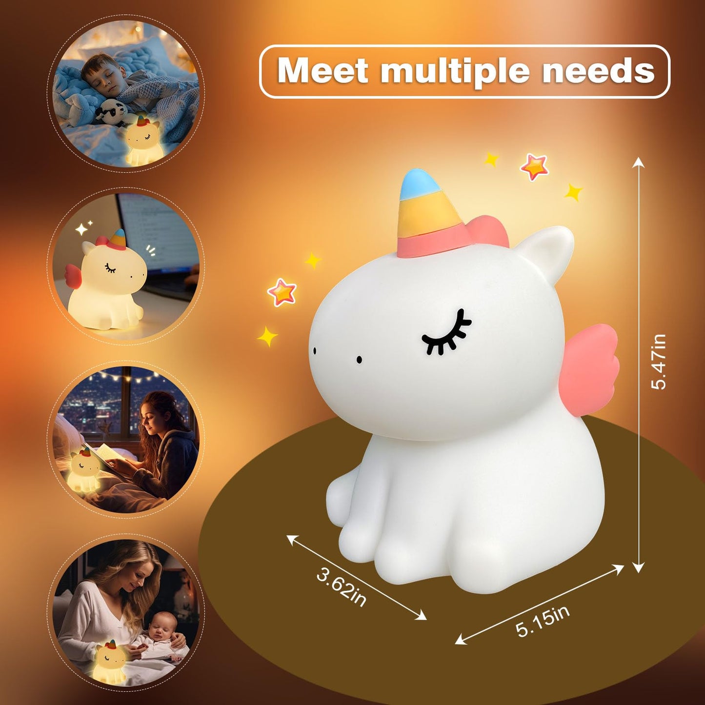 VTIGER Unicorn Night Light, LED Squishy Cute Lamp, Dimmable Kids Baby Bedroom Nightlight, Rechargeable Touch Lamp for Girls Room Decor