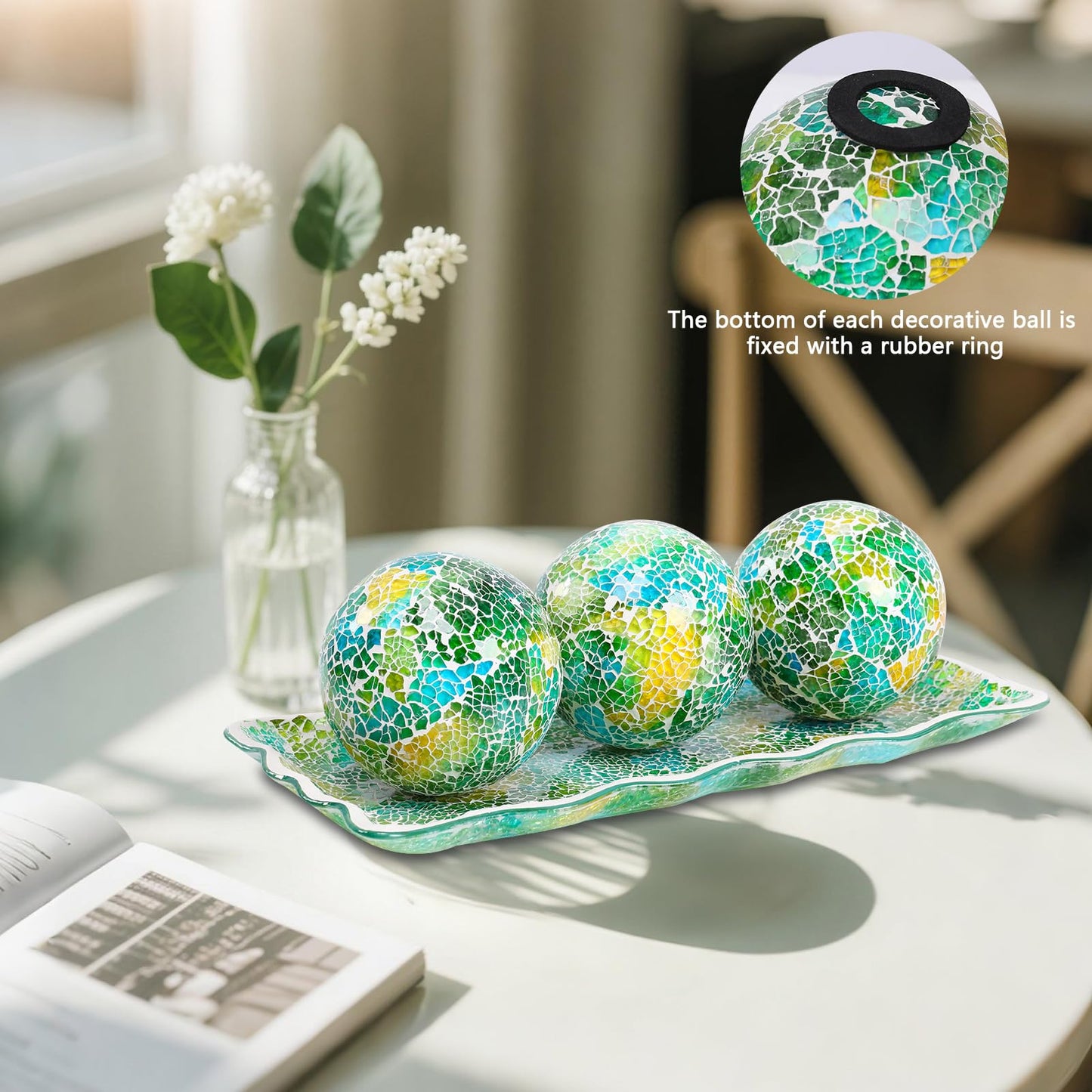 Afirst Decorative Ball and Glass Bowl - 4 Inch Mosaic Sphere Centerpiece Table Decorations with Tray for Coffee Table Decor, Living Room,Dining Table,Party,Wedding Decor